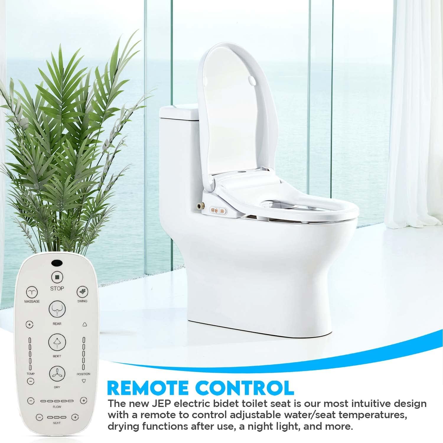 JEP Electric Bidet Toilet Seat for Elongated & Round Toilets | Premium Bidets with Warm Water, Heated Seat, Remote Control
