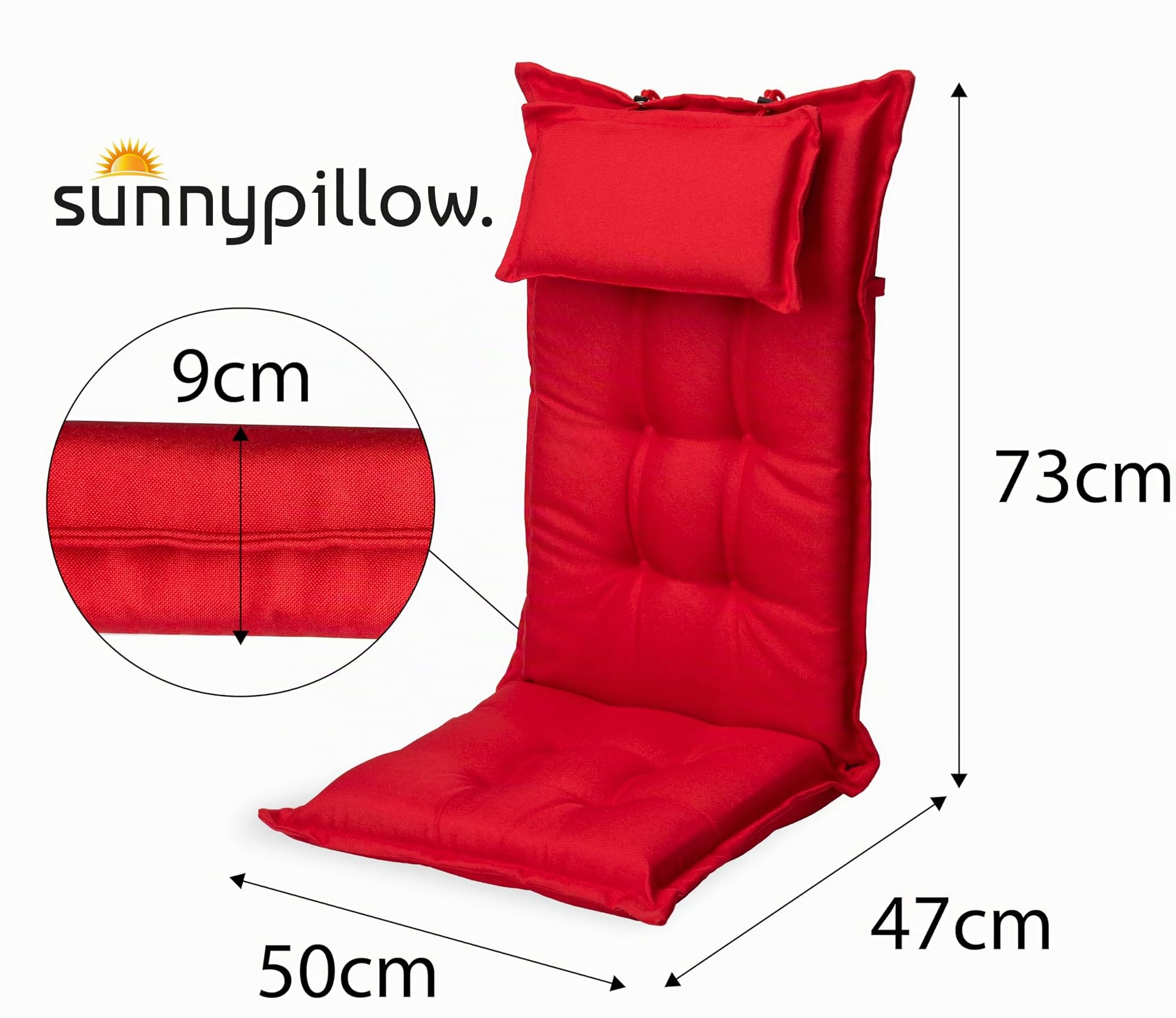 sunnypillow Lot de 2 Coussins de Chaise de Jardin Dossier Haut - 120 x 50 x 9 cm - Résistant UV, Impermeable, Extérieur - Cordons de retenue, Bande de réglage, Repose-tête Amovible - Rouge