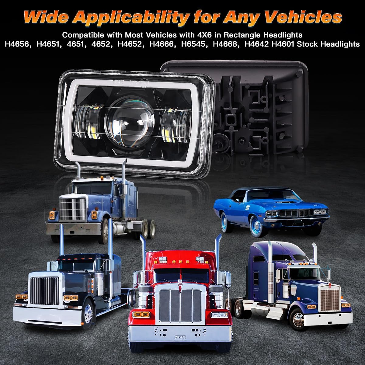 4x6 In LED Headlights DOT Approved 4PCS with White/Amber DRL Turn Signal Rectangle LED Headlight High Low Beam with H4651 H4652 H4656 H4666 H6545 H4668 for Truck Probe Kenworth Peterbilt