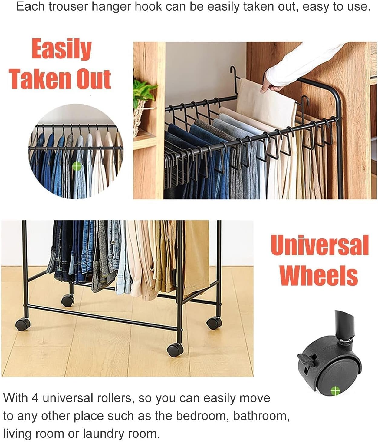 Closet Space Saver Pant Hanger Cart, Rolling Trousers & Jeans Rack Organizer, Large Capacity(20 Hangers)