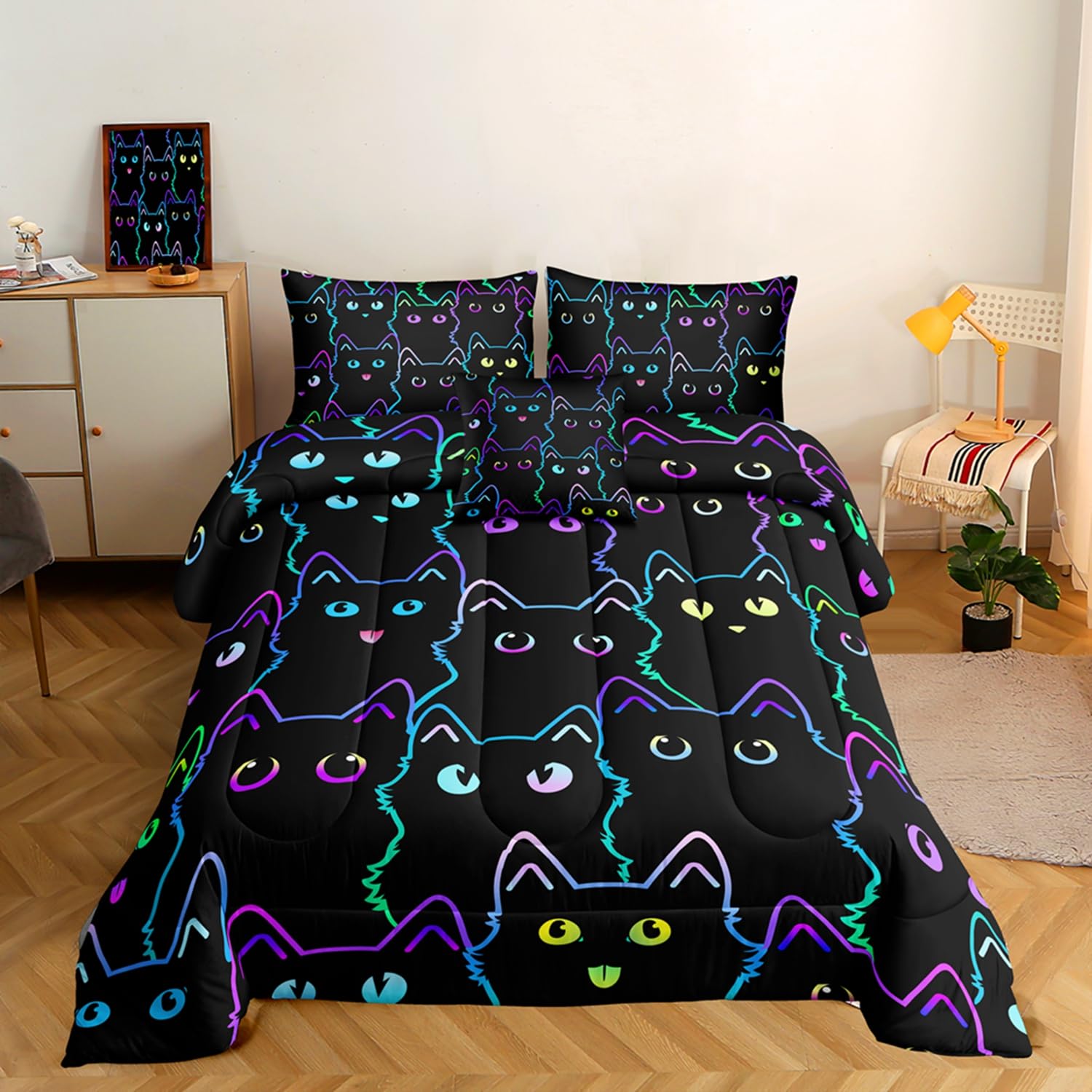 5 Piece Cat Comforter Set Twin Size Bed in A Bag set Cute Black Cat Bedding Set for Girls Boys Kids Teens (with 1 Comforter,1 Flat Sheet,1 Fitted Sheet,1 Pillowcases1Cushion Cover)Cats 5001-5Pcs T