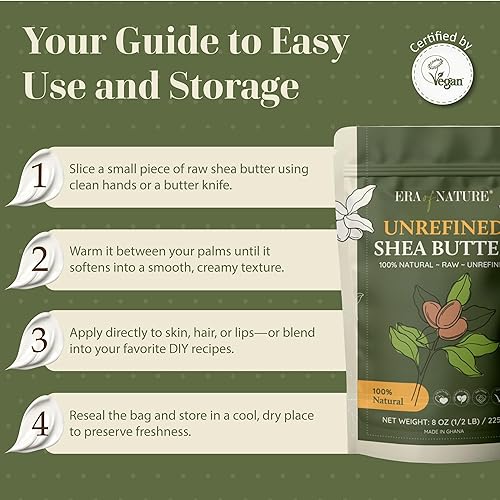 Miniatura 6 de era of nature Mantequilla de karité blanca de marfil africano sin refinar orgánica, para belleza base de piel seca antienvejecimiento, úsalo solo o