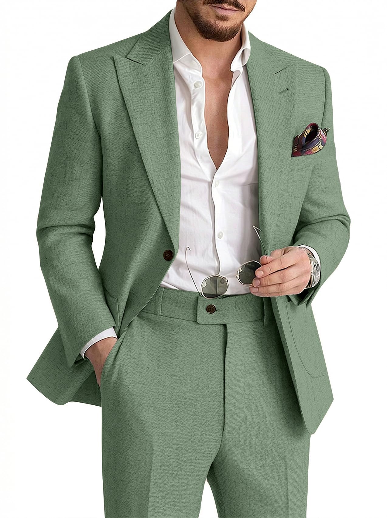 Photo 1 of Mens Linen Suit Slim Fit 2 Piece for Casual Wedding Suit Men Tuxedos Lightweight Blazer Pants Set Green 3X-Large