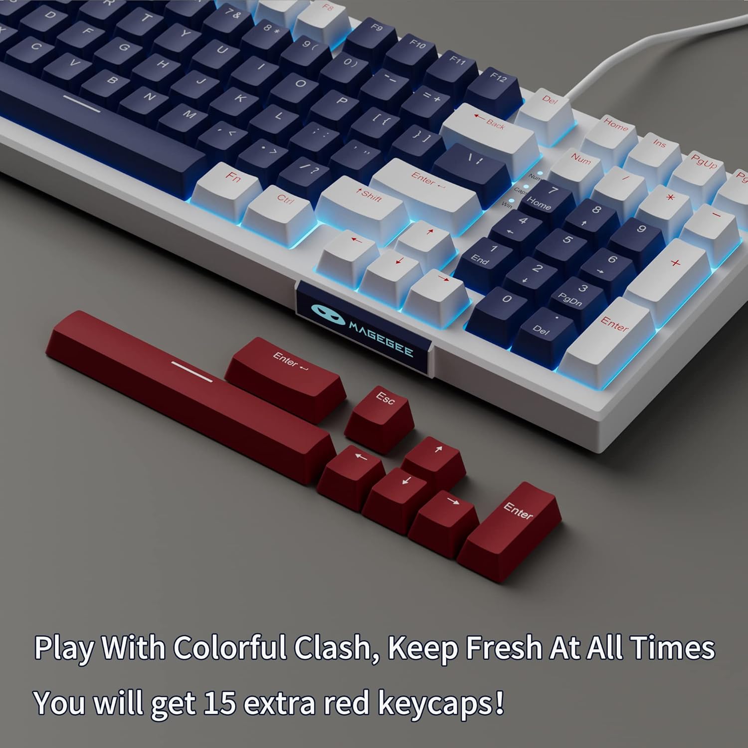 Close-up of MageGee Star98 keyboard showing hot-swappable blue mechanical switches with keycaps removed.