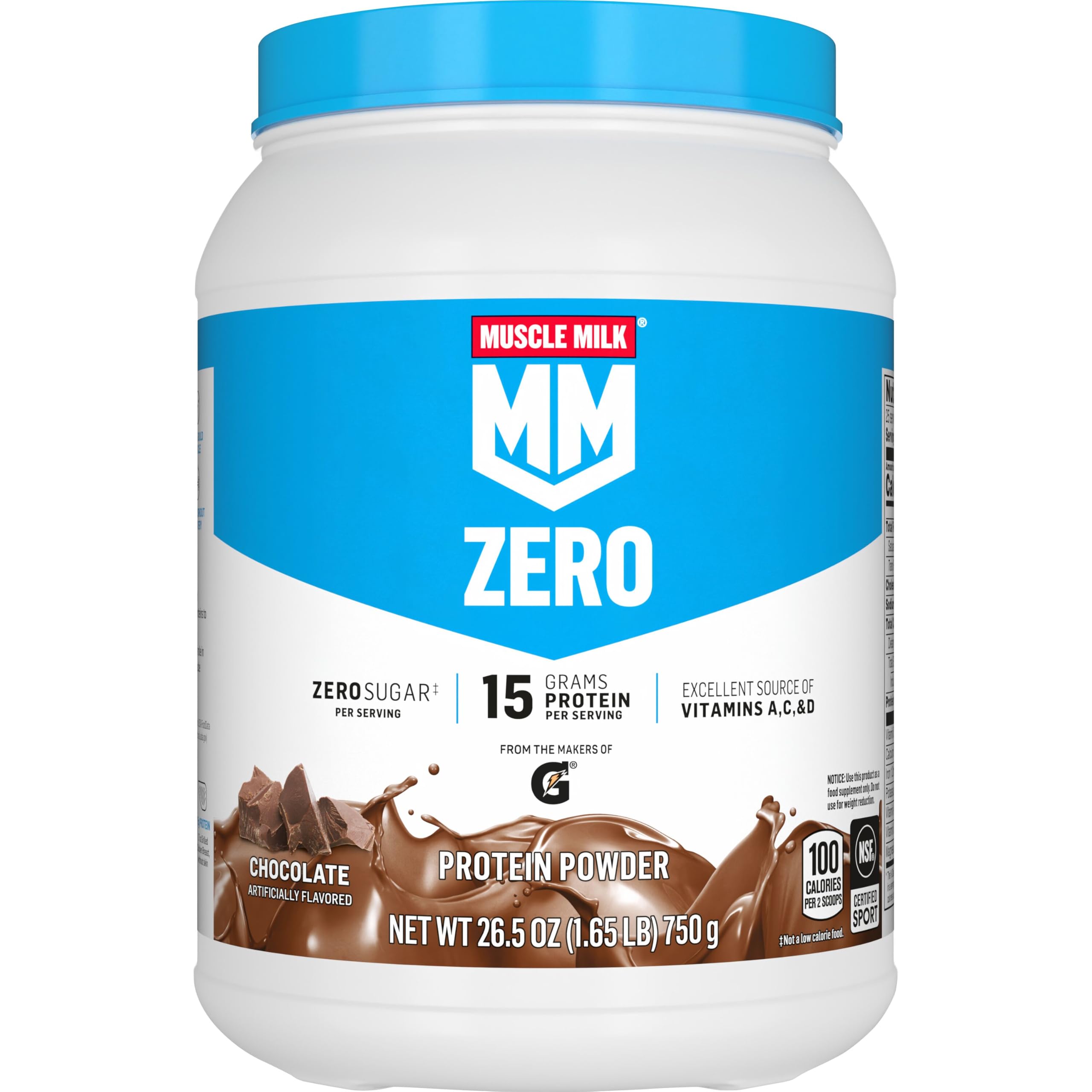 Muscle Milk ZERO Proteína em Pó sabor Chocolate, 15 g de proteína, 25 porções, 749 g