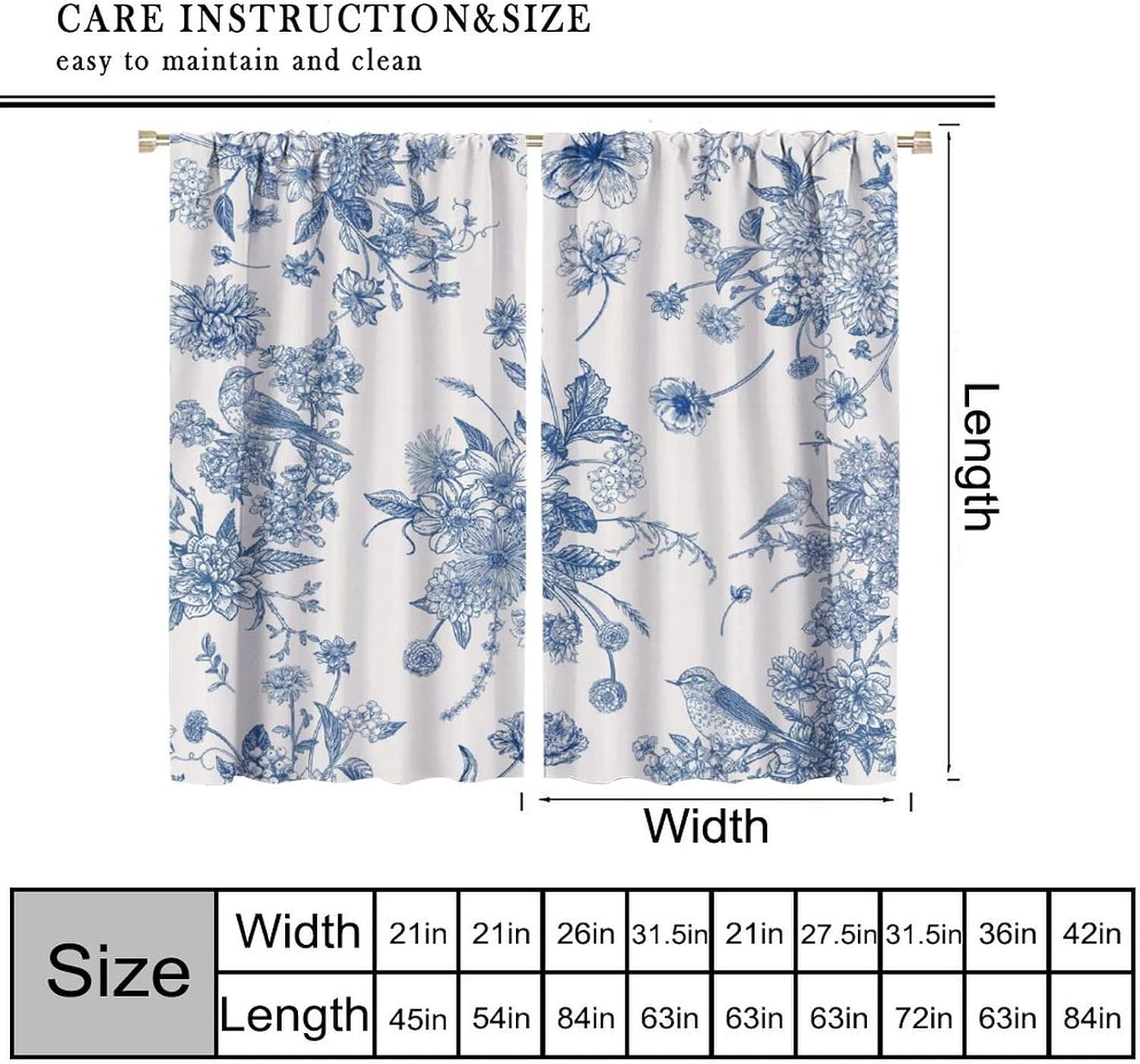 Blue Floral Bird Curtains, Boho Vintage Navy White Flowers Bird Chinoiserie Aesthetic Drapes for Kitchen Living Room Bedroom Office Window Treatment 2 Panel Sets, 42x45 Inch