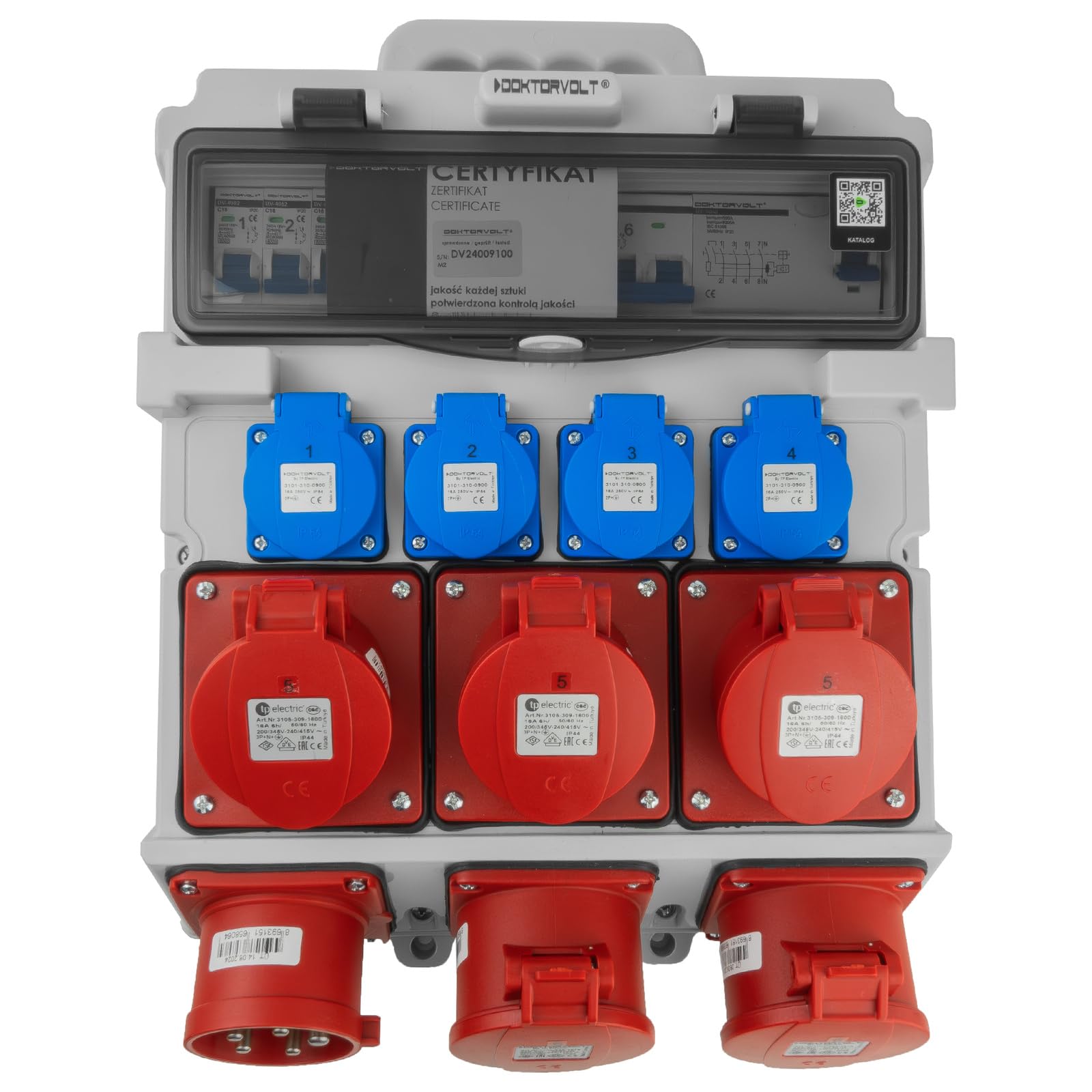 Doktorvolt Distributore di corrente da costruzione, 3 x 16 A, 2 x 32 A, CEE 4 x 230 V, con manico e spina di montaggio DV-5053-D TR-S/FI