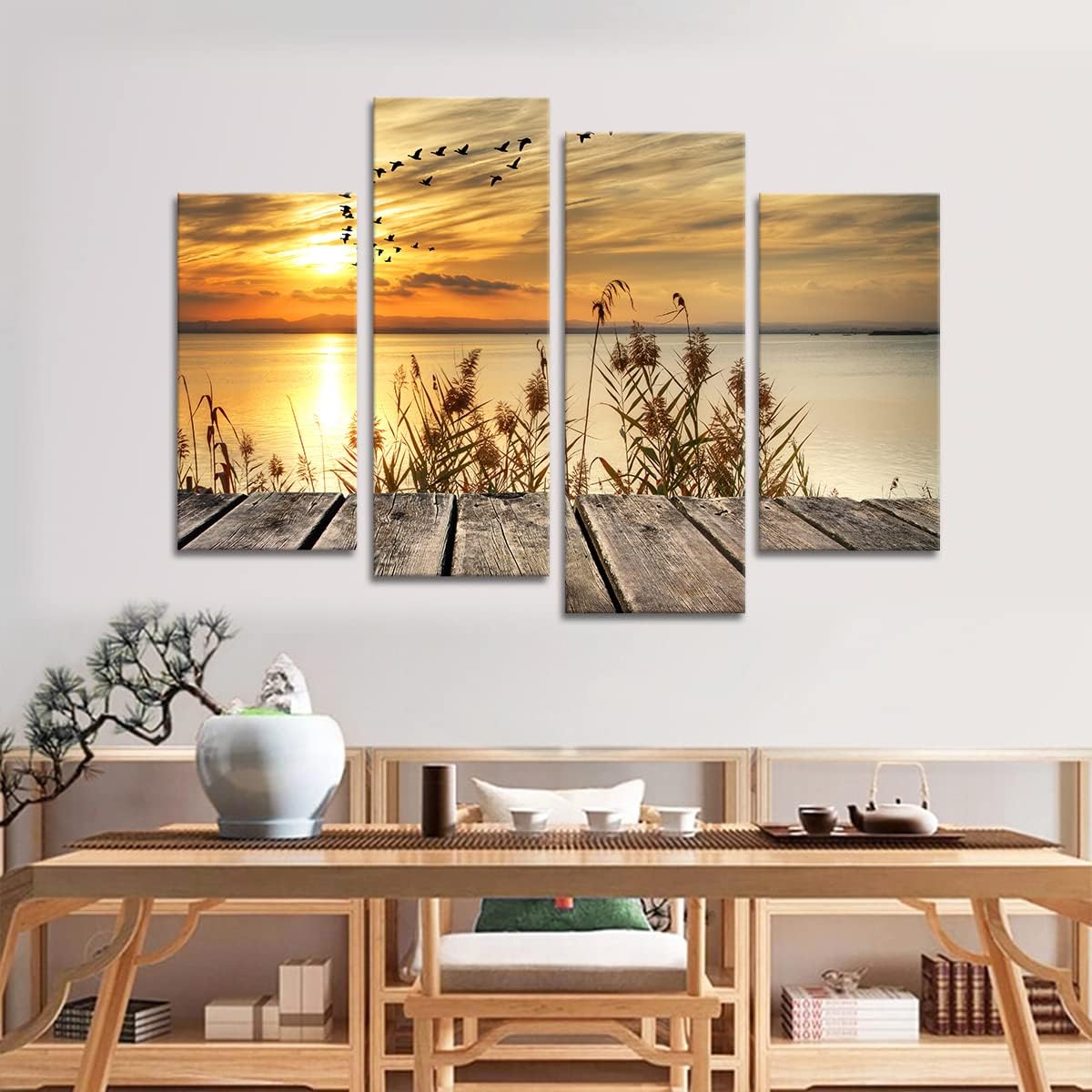 Noah Art-Rustic Seascape Wall Art Canvas Prints, Dawn on the Lake Shore Landscapes Pictures Sunset Artwork Ocean Art Print on Canvas, 4 Piece Stretched Canvas Wall Decor for Living Room