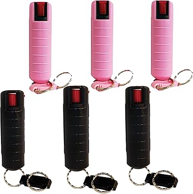 Pepper Shot Bundle - Lot of (6) 1/2 oz Keychain 10% OC Pepper Spray Units w/Injection Molded Holster in Black (3) and Pink (3)