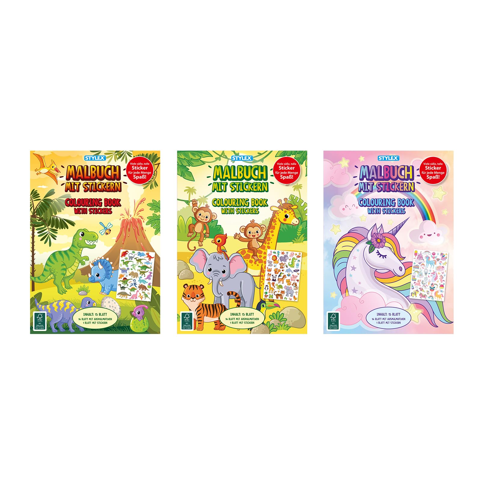 Stylex 77077-P6 - Sticker Malbücher DIN A4, 6 Stück in 3 Motiven mit je 14 Seiten + 1 Seite Sticker, weißes Papier 80 g/m², 14 Motive zum Ausmalen für Kinder