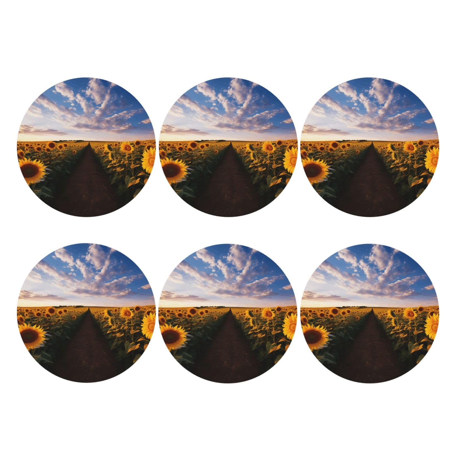 6pcs Leather Coasters for Drinks, Field of Blooming Sunflowers Drink Coasters for Tabletop Protection, 4" Cup Coasters for Coffee Table Decor, Non-Slip Drinking Cup Mat for Hot Or Cold Drink