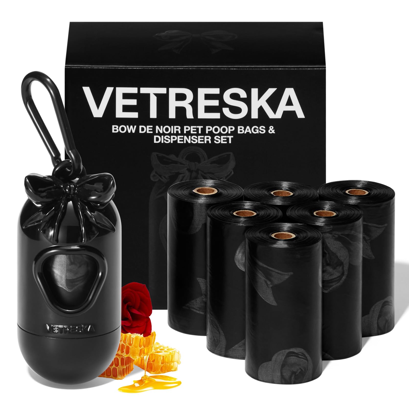 VETRESKA Dog Poo Bags with Dispenser - 105 Extra Thick Leak Proof & Scented Pet Waste Bags Refill Rolls (7 Rolls), Poop Bags for Dog Walking, Cat Litter, Rose & Honey Scented, Bow Noir