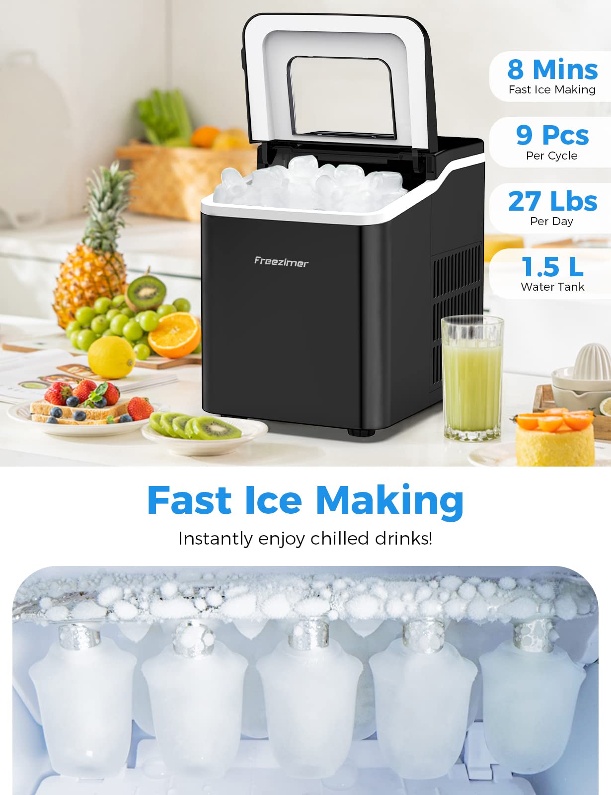 Freezimer Ice Makers Countertop, 27 Lbs/24 Hours, Portable Ice Maker