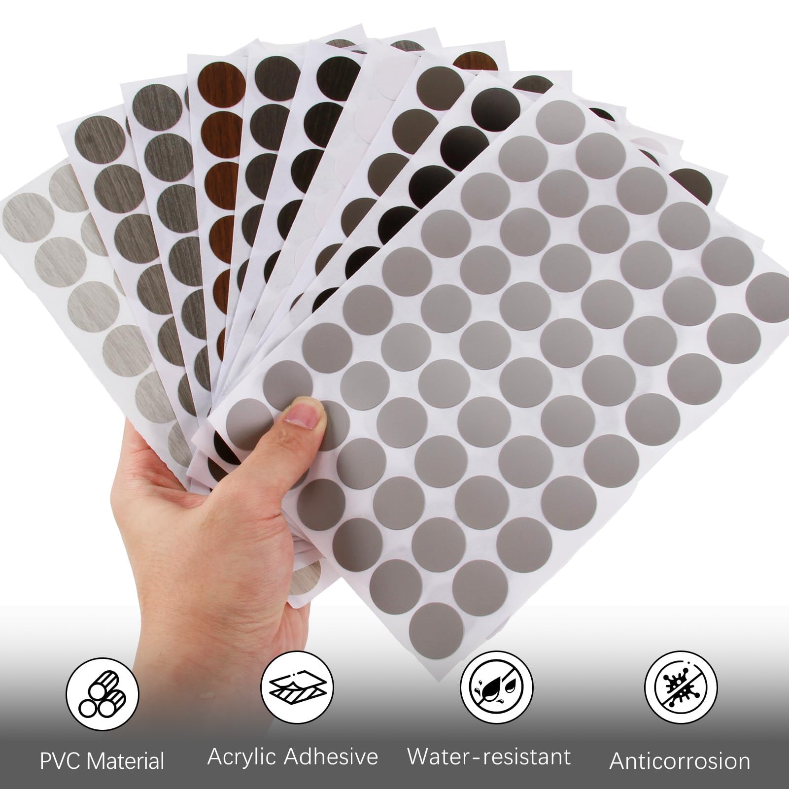 540pcs Screw Hole Stickers, Waterproof 21mm Wood Texture Screw Hole Covers Caps to Beautify Grey Oak Wooden Furniture, White Light to Dark Grey Black, 10Colors - Image 2