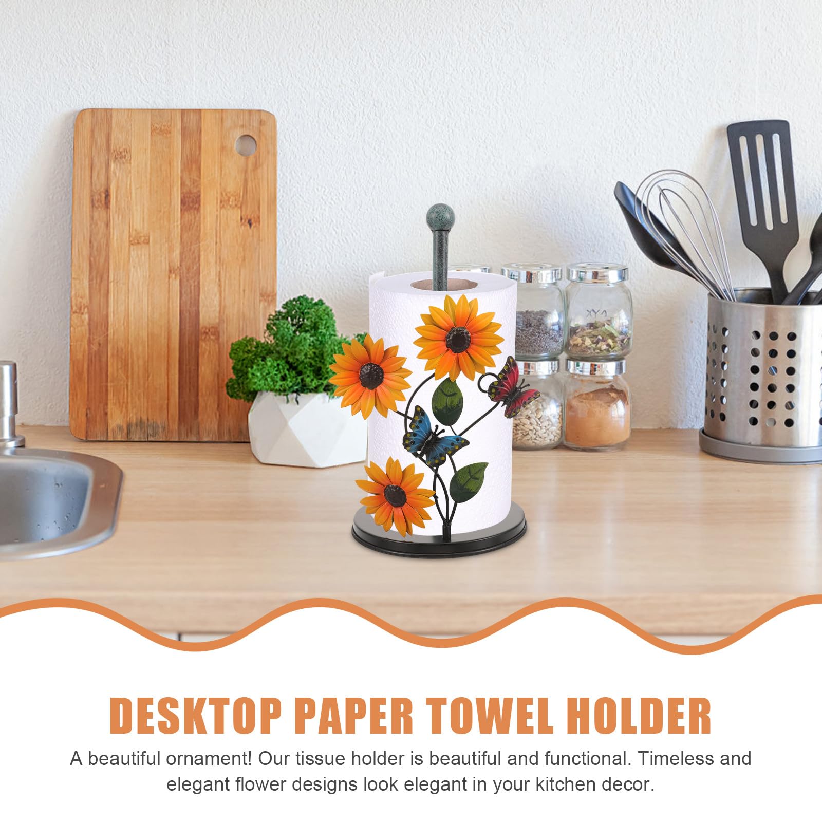 Mobestech Portarotolo da Cucina in Metallo Stile Girasole Farfalle, Porta Carta Verticale Robusto e Decorativo per Soggiorno, Sala da Pranzo e Cucina, Supporto Portasciugamani Artistico