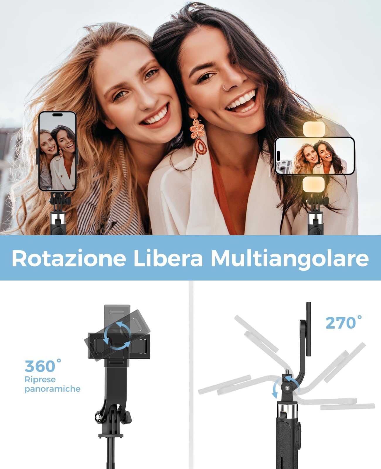 RISEOFLE 110cm Bastone Selfie Treppiede con 2 Luci di Riempimento, Treppiede per Smartphone Portatile Estensibile con Telecomando Wireless, Selfie Stick Compatibile con iPhone/Samsung/GoPro/Camera