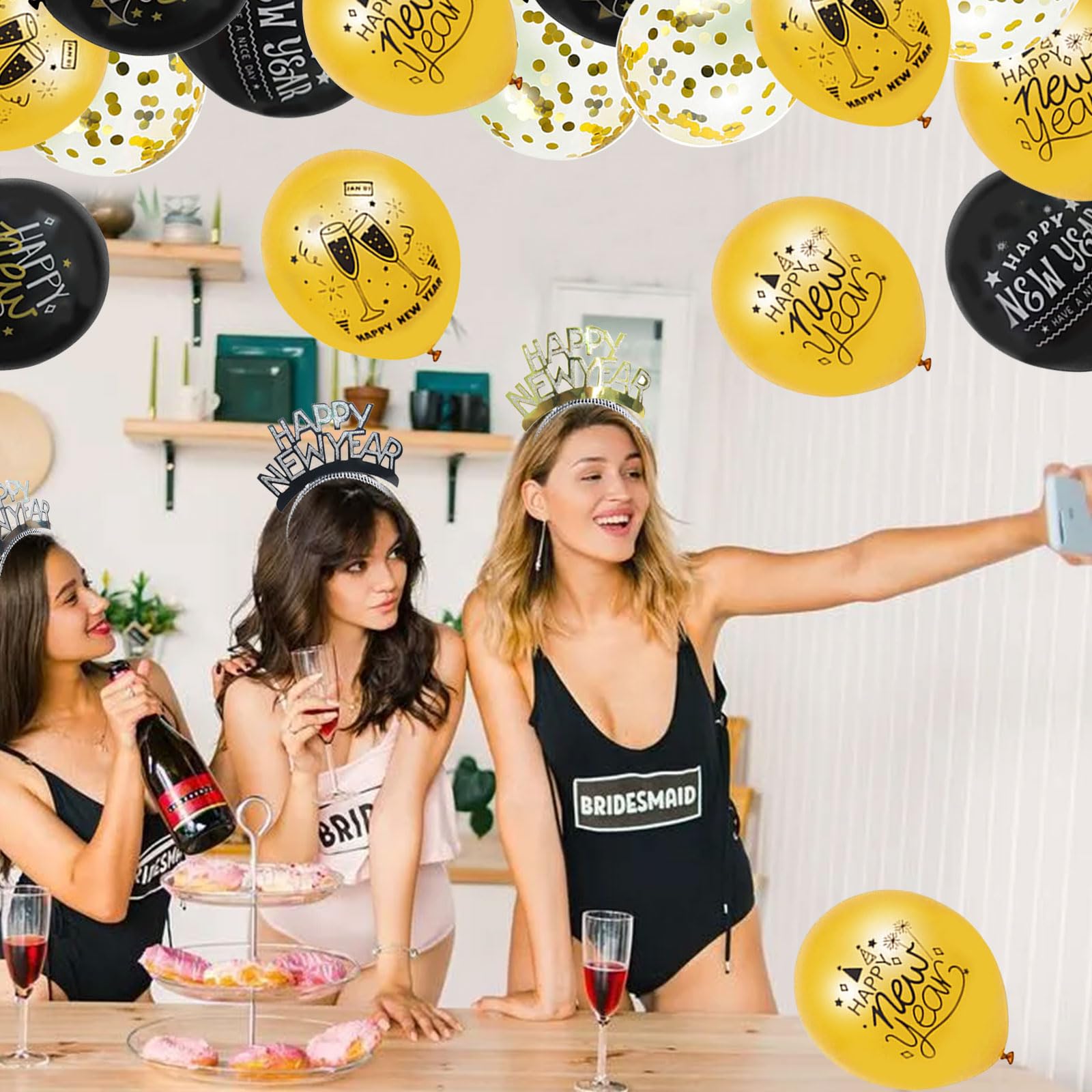 Silvester‑Deko 2025 Set – 46 Teile Mit Partyhüten, Haarreifen, Tröten & Ballons Für Die Neujahrsparty