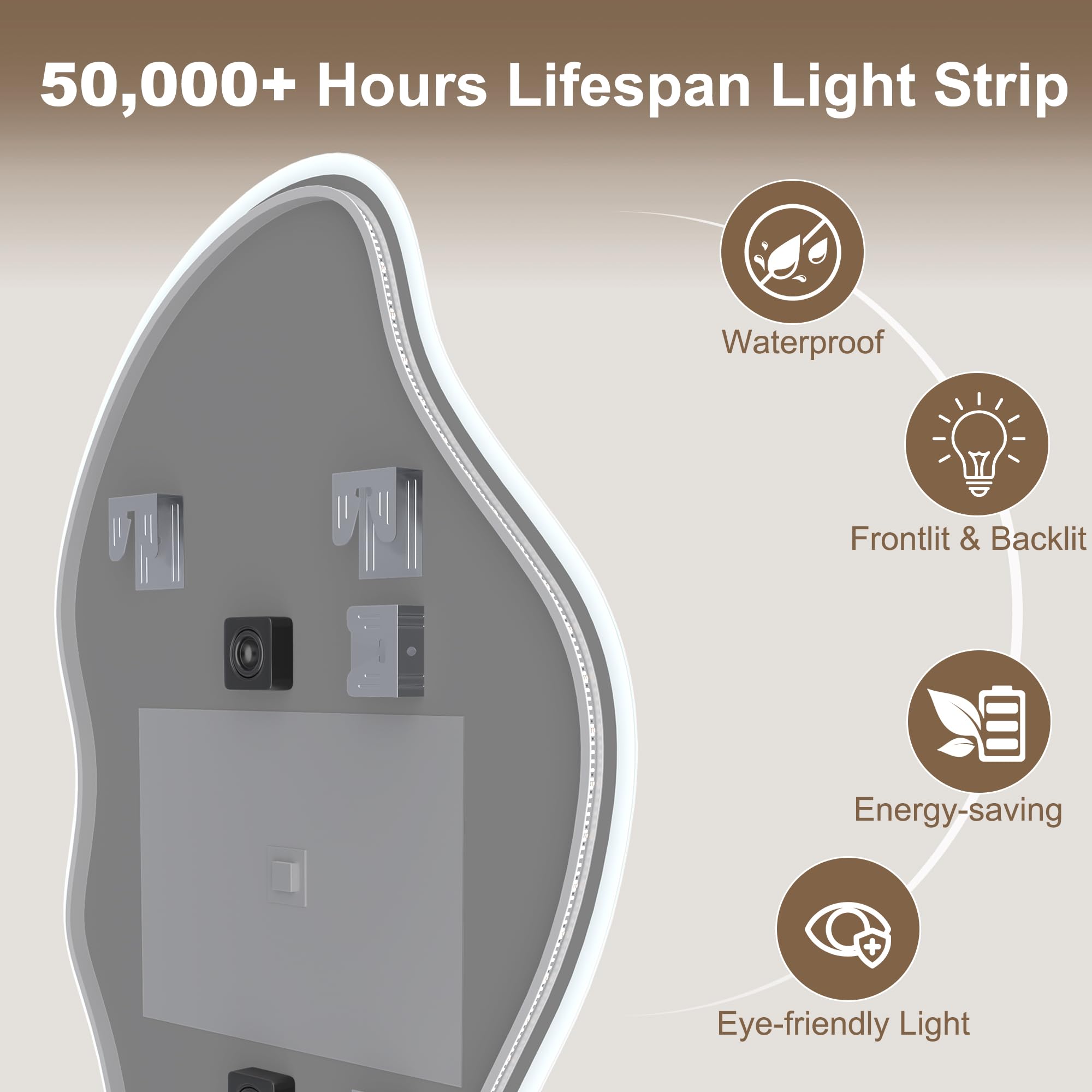 STARLEAD Asymétrique Miroir-Salle-de-Bain-avec-Eclairage 90x50cm, Irrégulier Miroir-LED avec Bluetooth, 3 Couleurs de Lumière Réglables, Anti-buée, Mémoire, IP44, Verre Trempé, Horizontal/Vertical