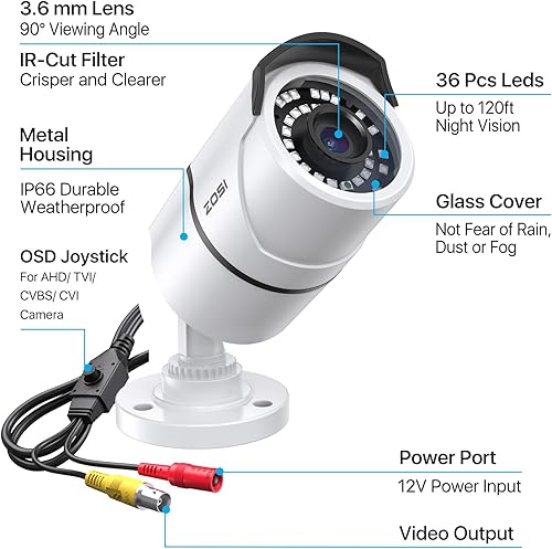 Miniatura 8 de ZOSI Cámara de seguridad de 2.0MP 1080p 4 en 1 TVICVIAHDCVBS Cámara de vigilancia Bullet Cámara interior al aire libre, visión nocturna de 120 pies,
