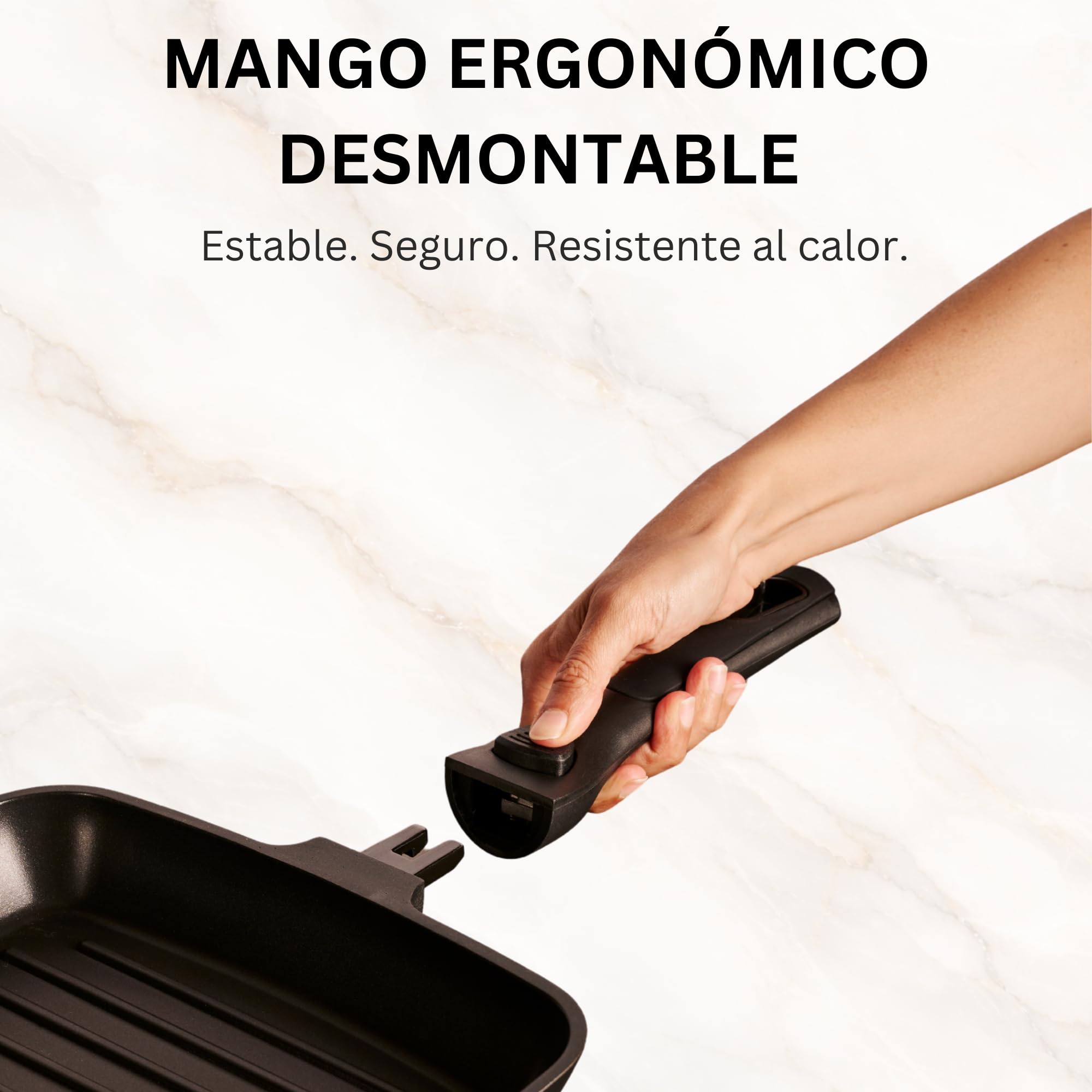 Stone&Stone Sartén Grill 28 cm Cuadrada Inducción Antiadherente con Mango Extraíble, Revestimiento Cerámico Alemán, Base de Acero Completo, Apta para Inducción, Gas y Horno, Sin PFAS, PFOA ni PTFE