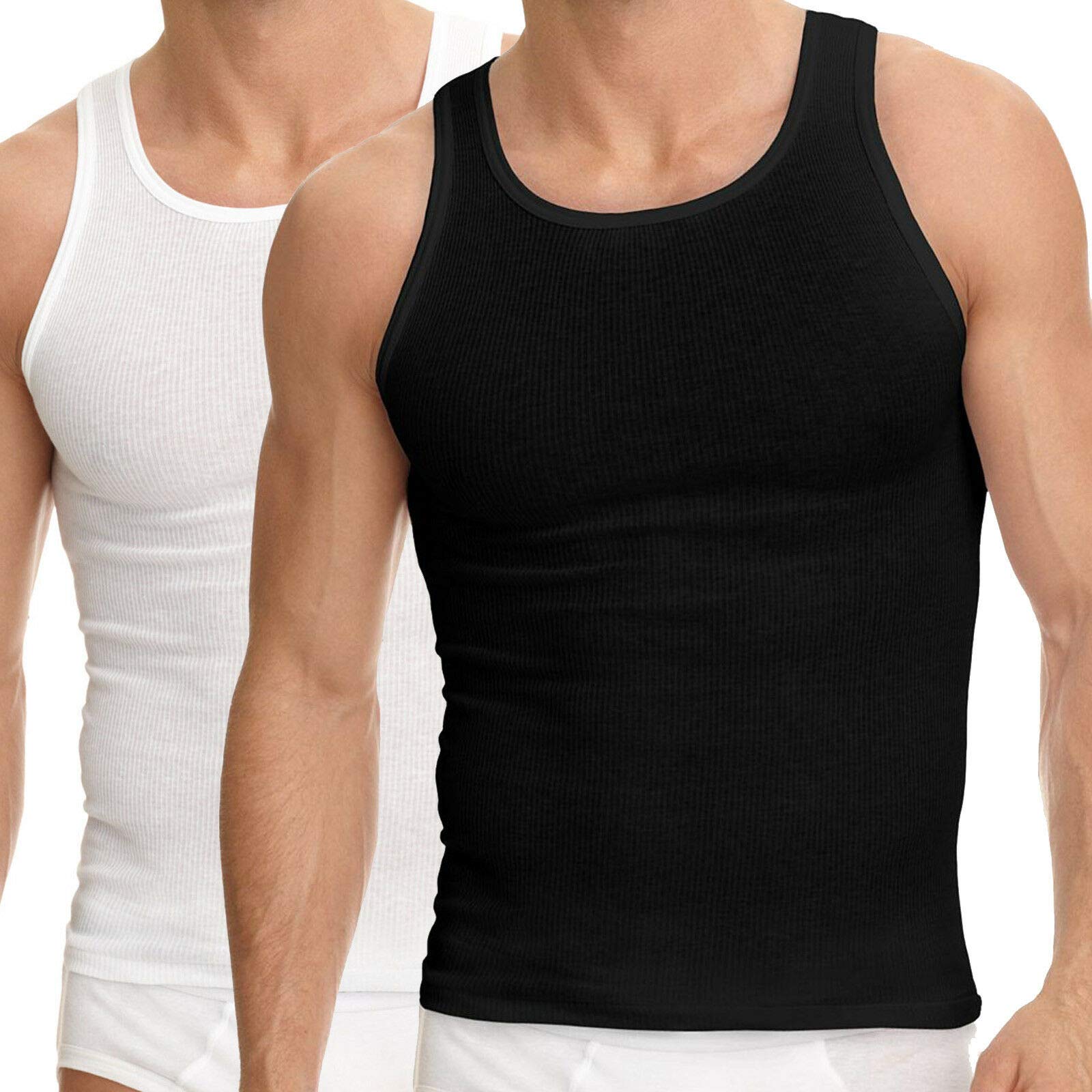 Mens 100% Cotton Tank Top A-Shirt Wife Beater Undershirt Ribbed Black 6 Pack (3 Black 3 White, Large)