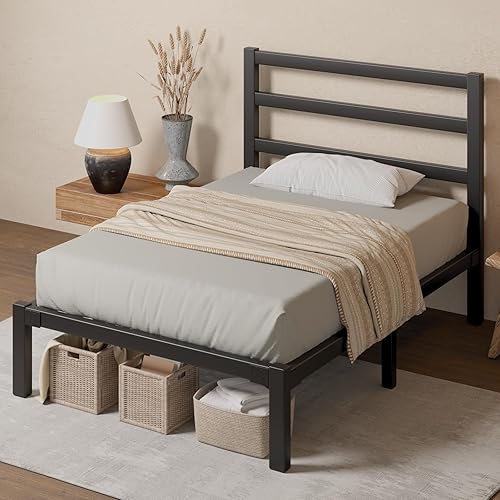 Miniatura 8 de Base de cama de tamaño individual, marco de cama de plataforma metálica con cabecero y estribo, espacio de almacenamiento debajo de la cama, no