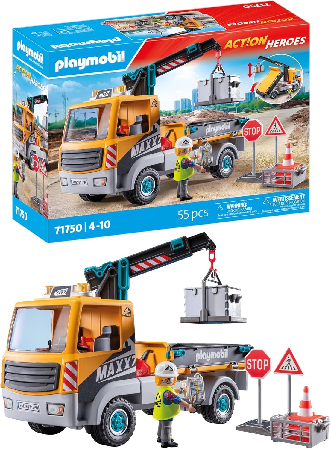 PLAYMOBIL | Baustellen-LKW mit Kran | Baustellenspielzeug Kind | Baustellen Spielset | Spielzeug für Kinder ab 4 Jahren | 71750