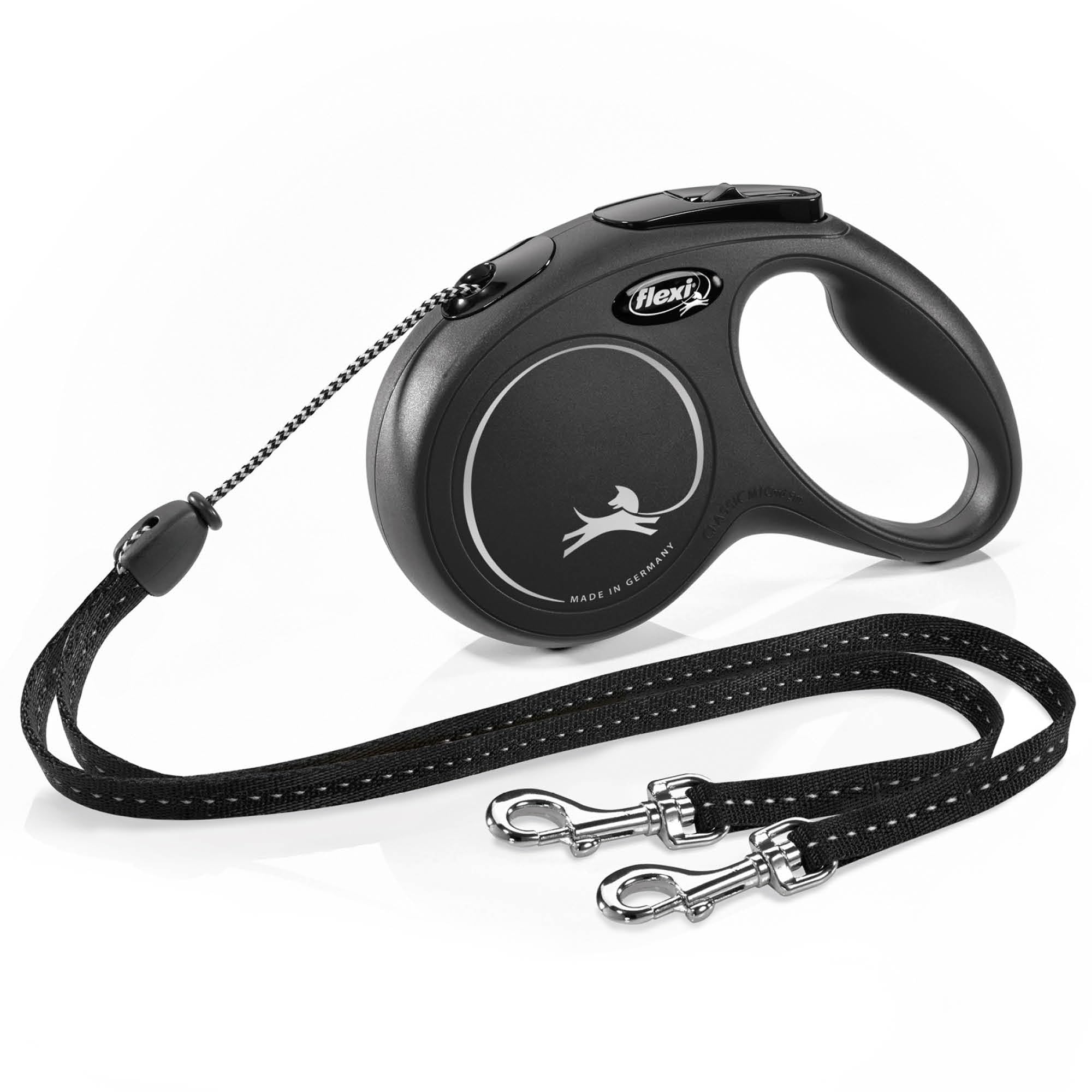 New Classic Cord Retractable Double Dog Leash for Small Dogs Upto 18 lbs. – 16 ft., Black | Tangle Free Pet Walking Leash with One-Handed Brake, Pause, Lock