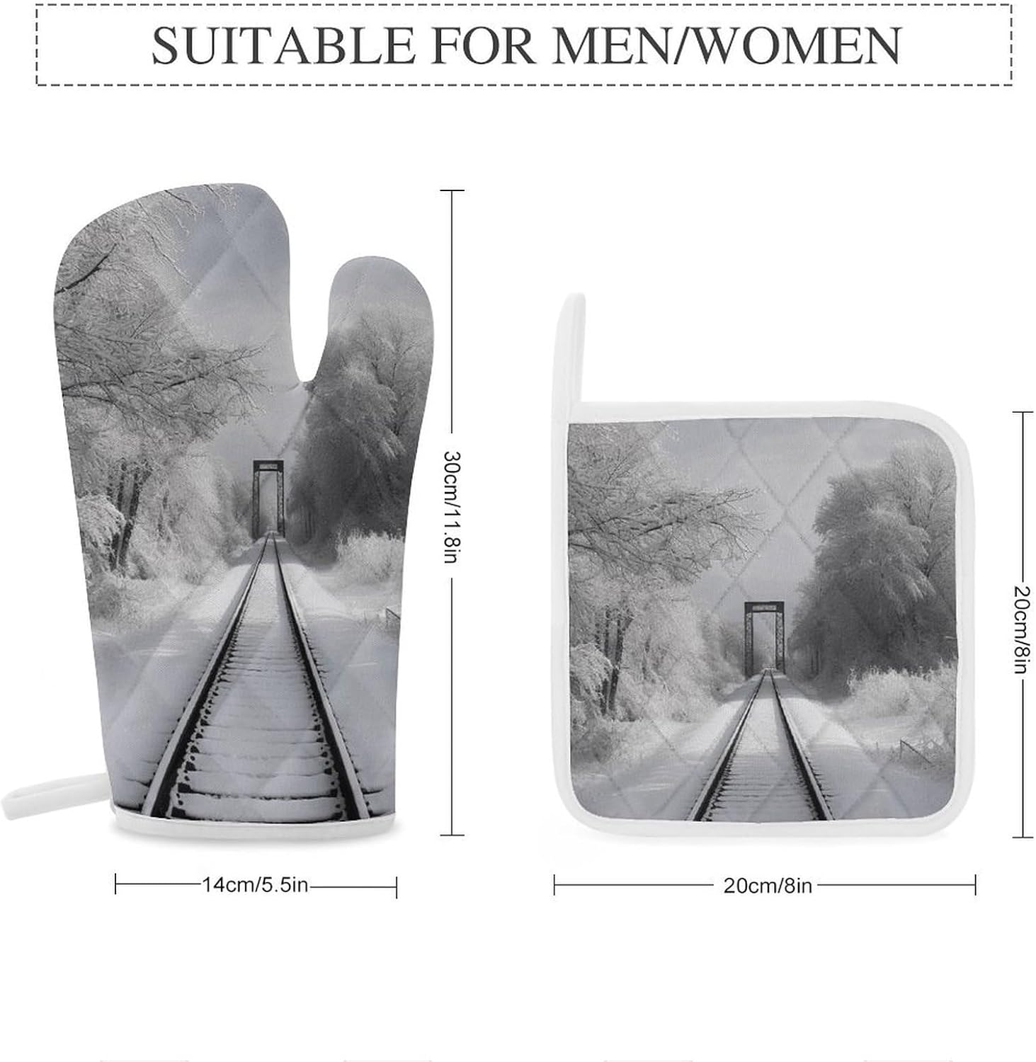 4-Piece Oven Mitts and Pot Holders Set Snowy Train Tracks Printed Heat-Resistant Polyester Kitchen Gloves and Potholders Comfortable & Durable for Cooking Baking and Grilling