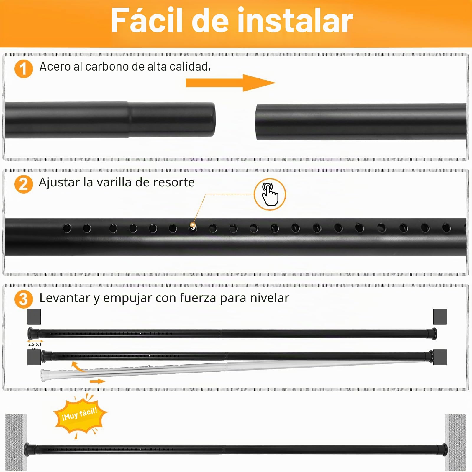 Barra de cortina de tensión resistente, 71-109 cm, barra de armario de resorte, para ventanas o ducha, fácil de instalar, sin taladrar, no se oxida, para baño, diámetro de la barra de 3,2 cm