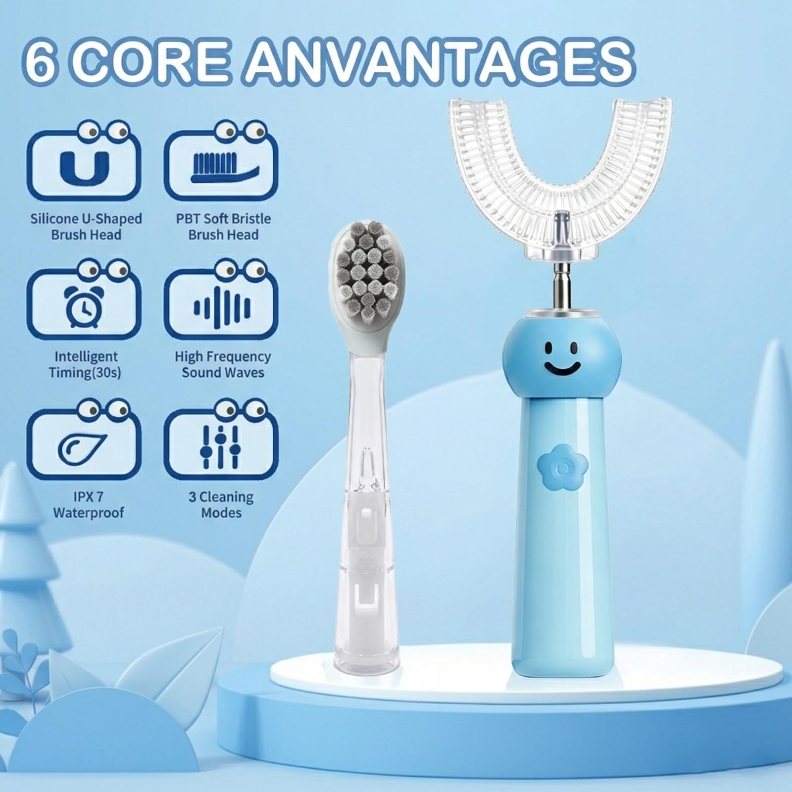 Cepillo de dientes eléctrico en forma de U para niños con 6 cabezales de cepillo, limpieza sónica automática de 360°, 3 modos, IPX7 impermeable, bonito diseño de dibujos animados, edades de 6