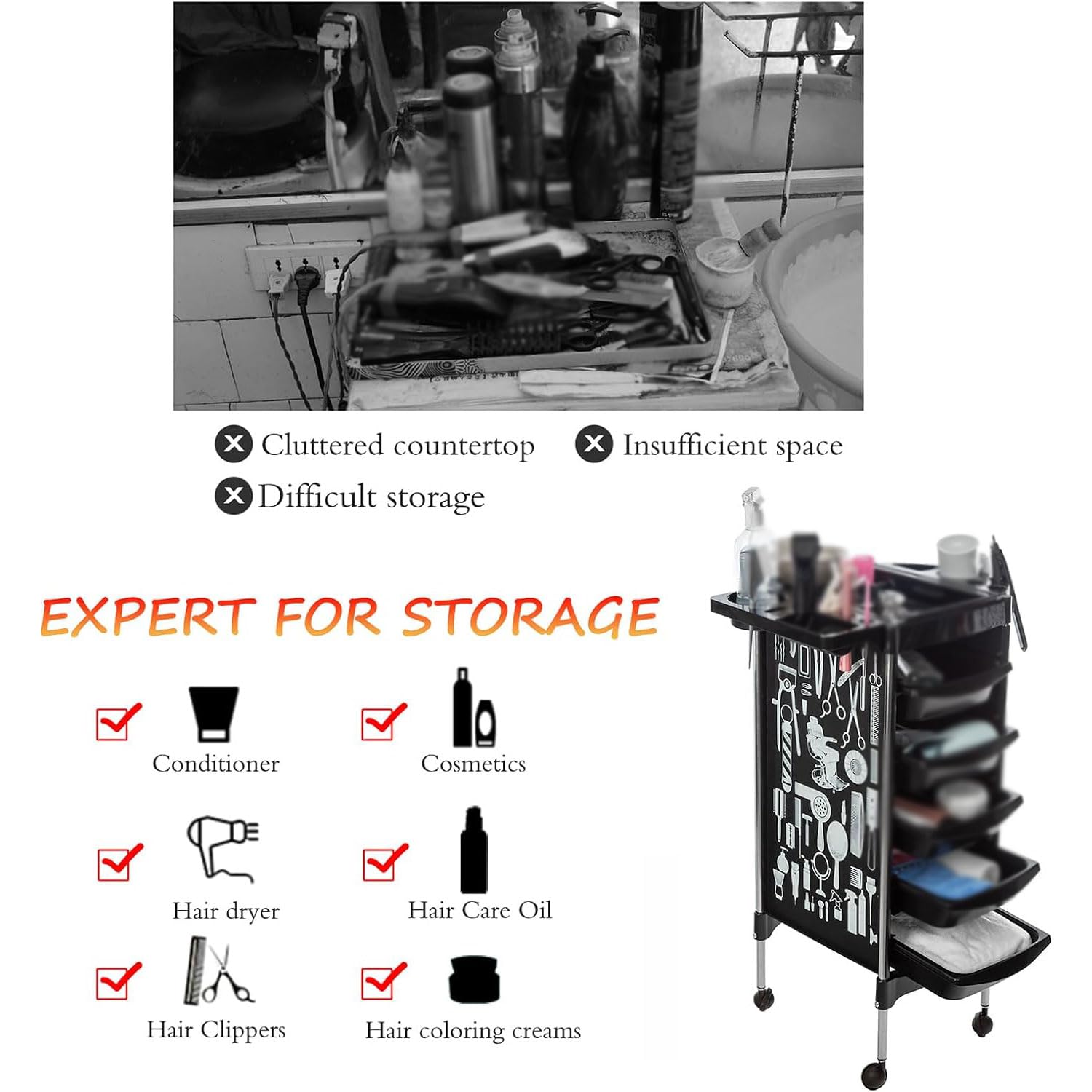 Carrello per estetista con ruote Carrello per salone con 5 cassetti Nero con motivo Carrello per parrucchieri, bellezza, tatuaggi