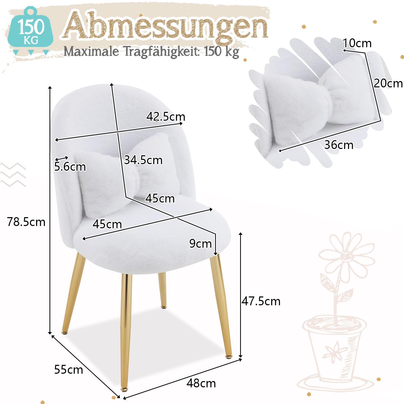 Bonnlo Schminkstuhl, Schminktisch Stuhl, Polstersessel, Kosmetikstuhl mit goldenen Metallbeinen & Schleifenkissen für Schlafzimmer, Wohnzimmer & Homeoffice, 48 x 55 x78,5 cm, Kunstfell, Weiß
