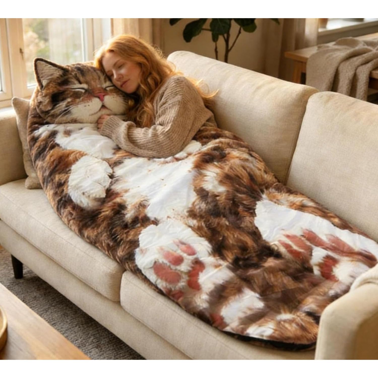 Katzenförmiger Plüsch-Schlafsack für Erwachsene, 175 x 80 cm, flauschiger Katzenumschlag, Schlafsack für Menschen, weiche, warme Tierdecke für Camping, Übernachtungen und zum Entspannen zu Hause
