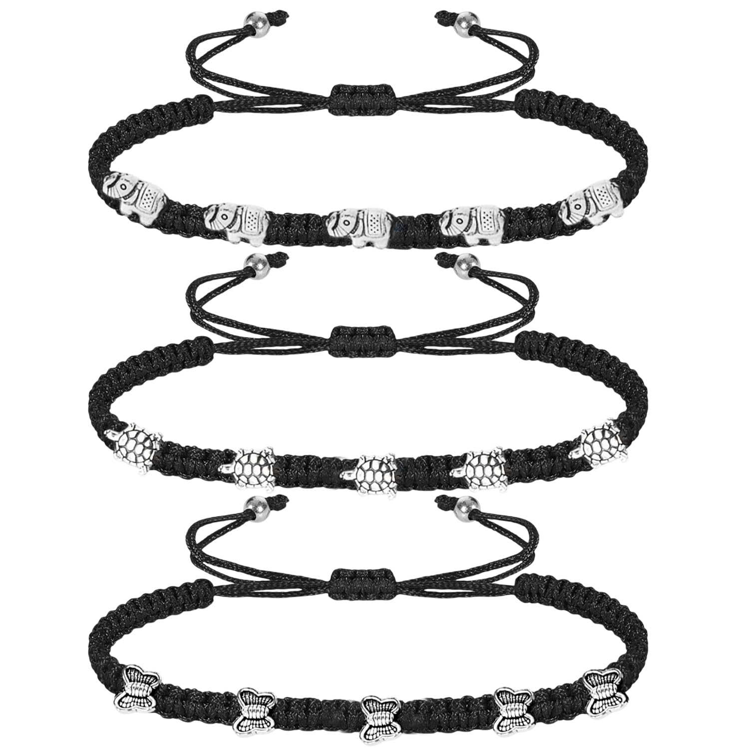 womens fashions adjustable black kala thread nazar anklet combo (3 pieces) with elephant butterfly tortoise charms handmade drishti anklets