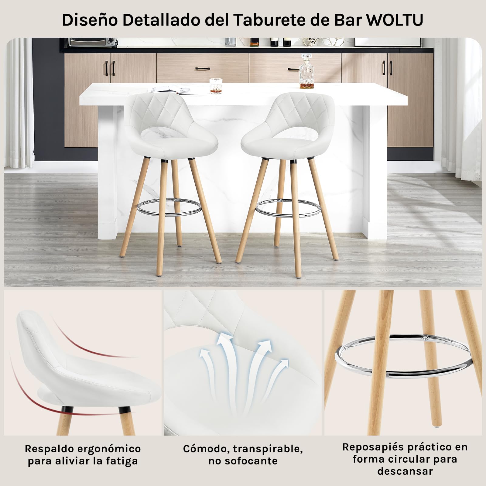 WOLTU Juego de 2 Taburetes Altos con Respaldo Ahuecado y Reposapiés, para Bistro, Cafeteria y Cocina, con Funda de Piel Sintética y Patas de Madera, Blanco