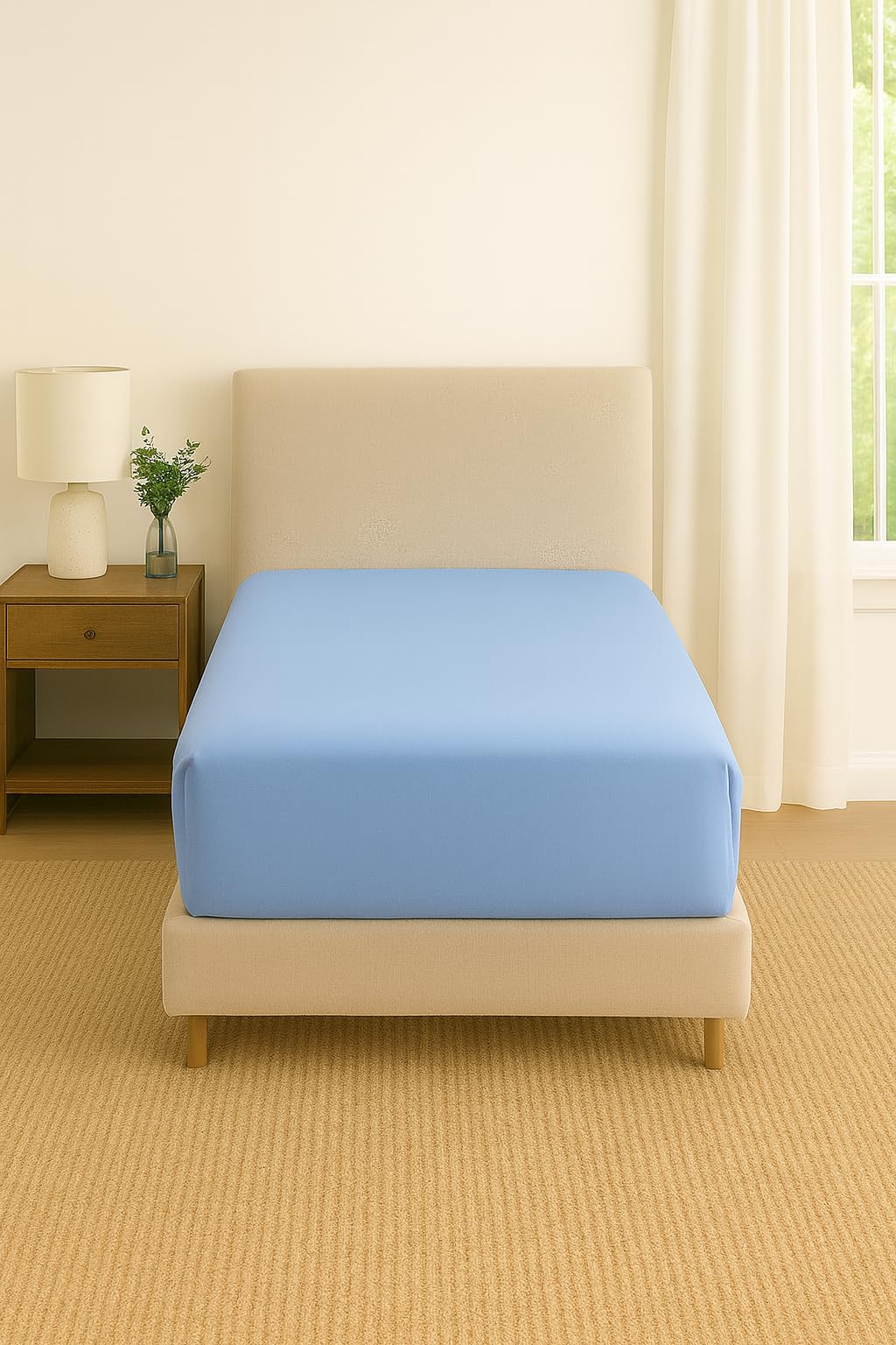 – Flame Retardant Bed Linen Single Fitted Sheet (Blue), certified to BS7175 Ignition Source 5+7, also known as Crib 7 or FR Source 7.