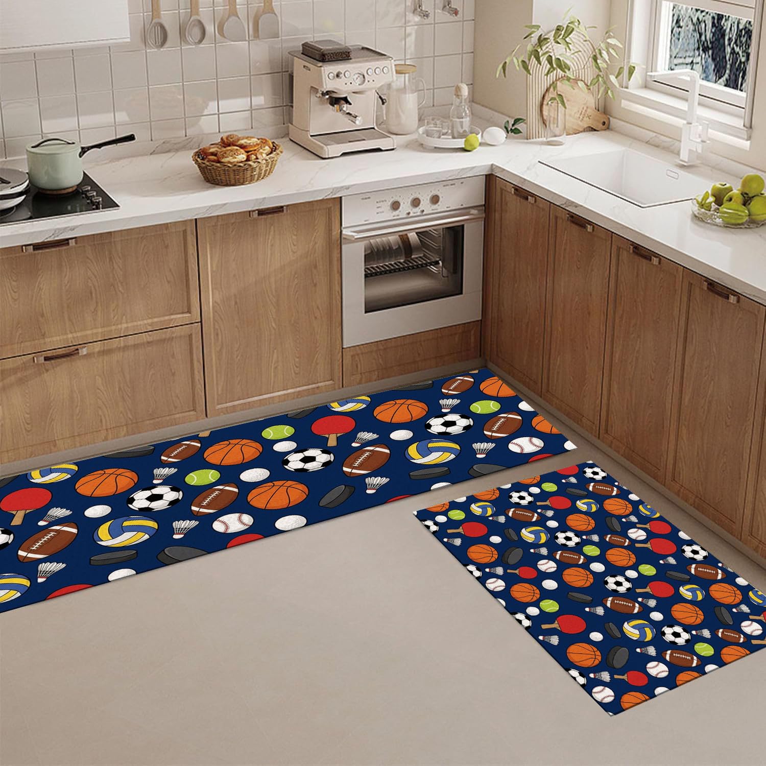 Tapis de cuisine bleu foncé lot de 2 à motif sports de balle