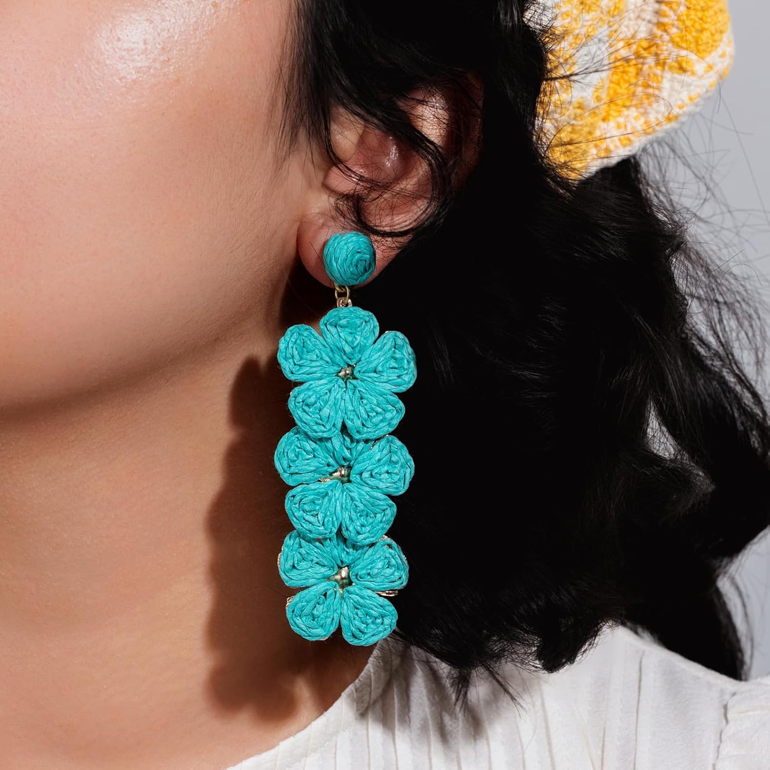 Flower Drop Earrings Floral Raffia Earrings Boho Statement Dangle Earrings Trendy Cute Summer Beach Vacation Jewelry for Women - Image 6