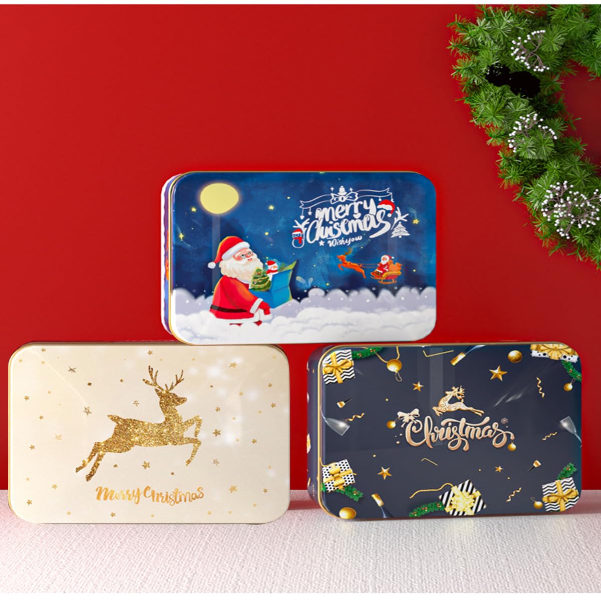 UPKOCH - 4 scatole di latta per Natale, caramelle rotonde, in metallo, a forma di candela, per banchetti, feste di Natale (modello casuale