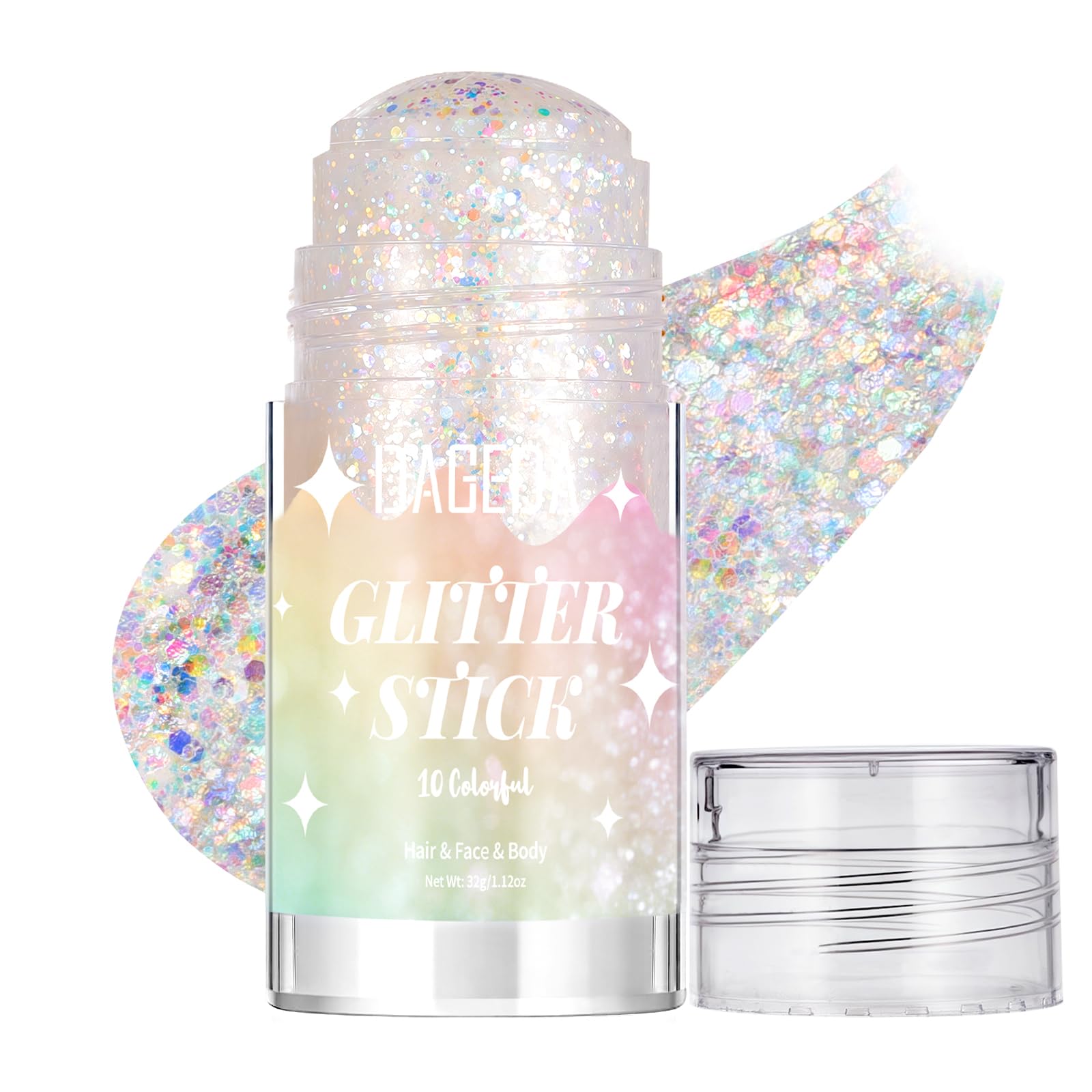 DAGEDA Colorful White Body Glitter Stick,Sparkly Hair Face Glitter Makeup for Women Rave Outfit Accessories,Holographic Mermaid Glitters Face Paint Stick for Women Halloween Makeup 1.12 oz