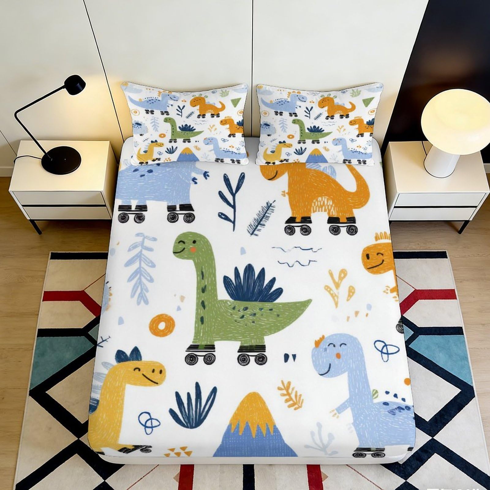 3D Printed Cartoon Dinosaur Fitted Sheet Microfiber Soft Breathable Roller Skating Bed Cover for Bedroom Dorm Decor 90x200x25cm