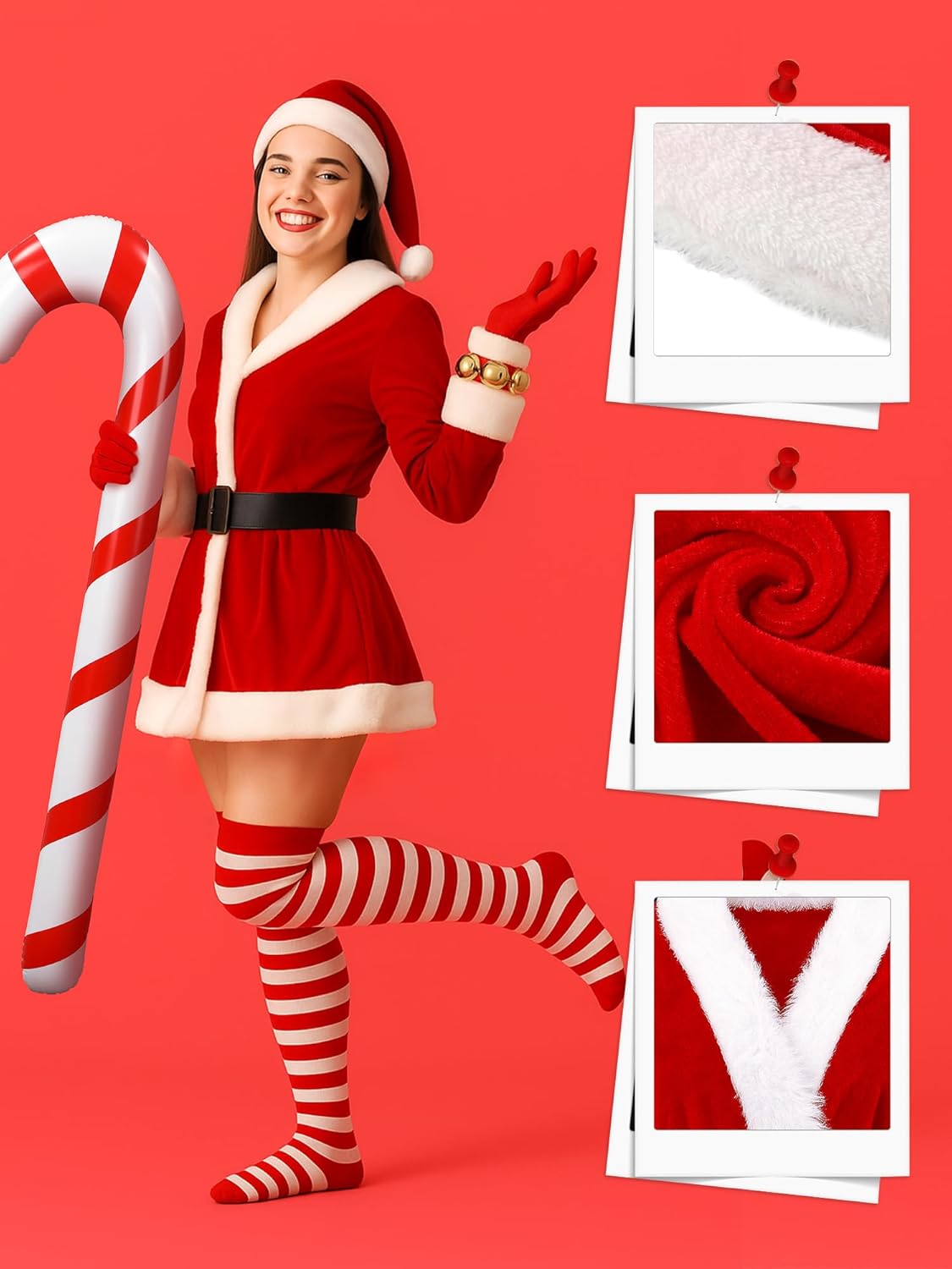 9pcs Women Christmas Santa Claus Costume Mrs Claus Velvet Dress with Belt Striped Knee Socks Hat Gloves Elf Shoes - Image 3