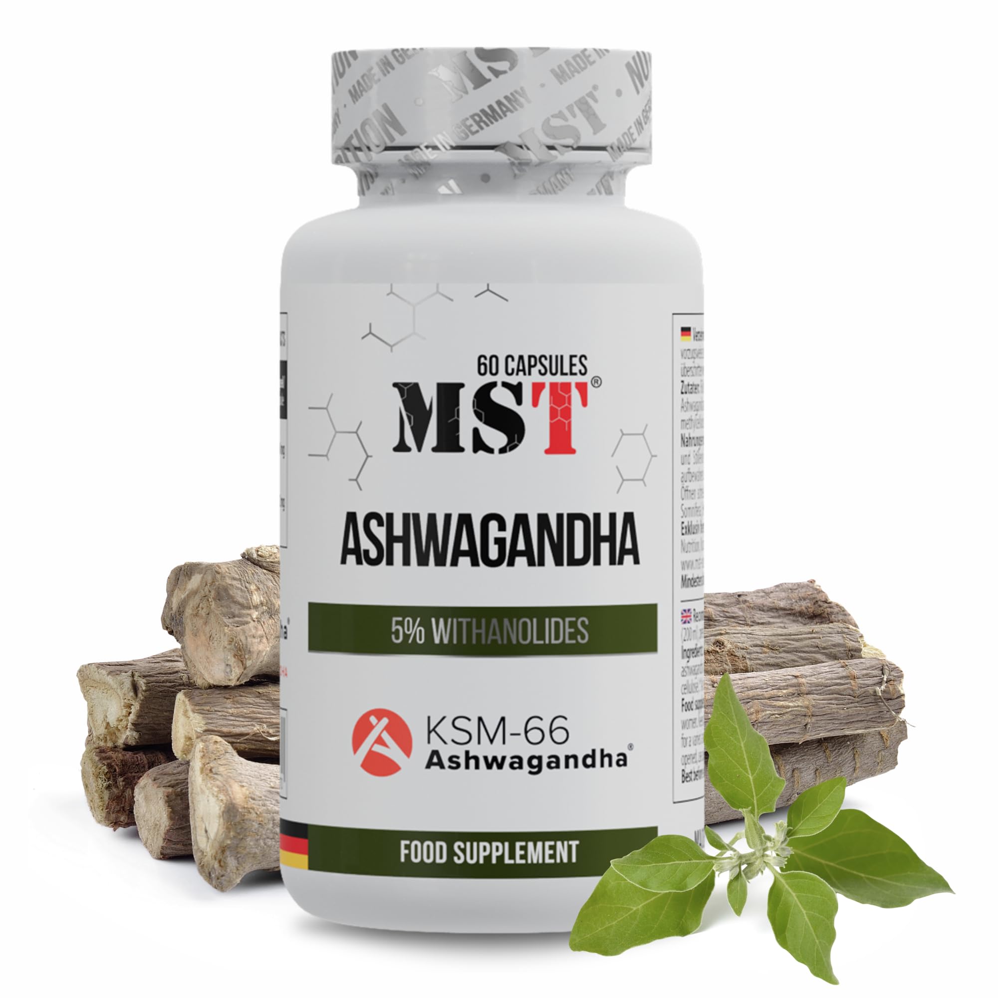 Ashwagandha KSM-66® - MST® Nutrition - MADE IN GERMANY | BIO Ashwagandha Kapseln hochdosiert | Laborgepruft (60 Kapseln)