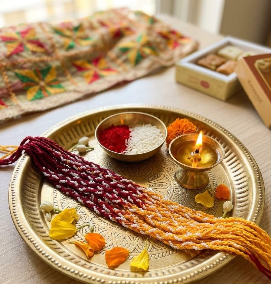 Image of Traditional Rakhi for Bhaiya, 12 Pcs Mauli Thread with Pearl Work for Raksha Bandhan with Roli Chawal, Elegant Moli Rakhi Set, Rakshabandhan Festive Gift Set for Bhai