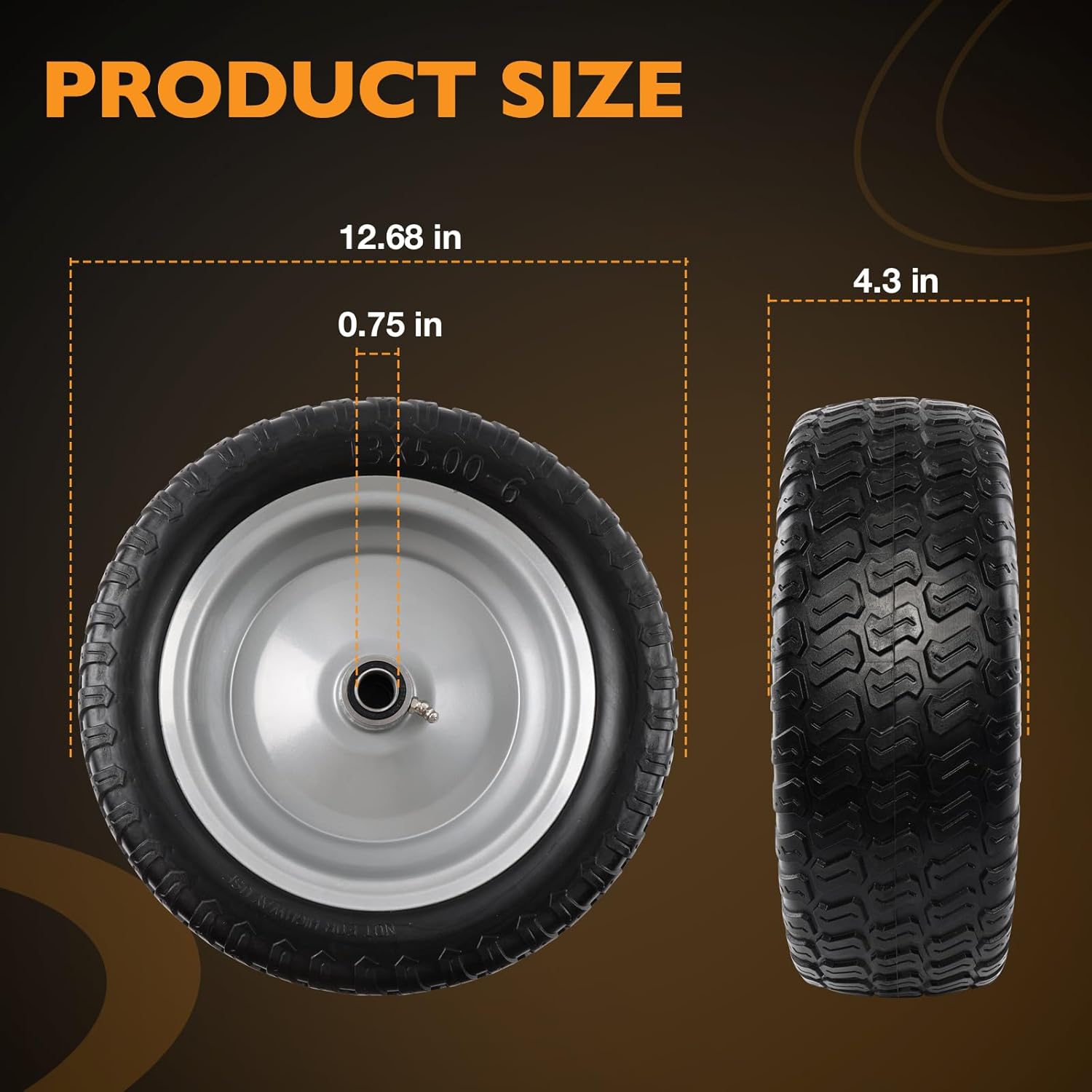 HQPASFY 2 Pack 13x5.00-6 Flat-Free Tire & Wheel, 13x5-6 Mower Front Tires With 3/4" & 5/8" Bearings, 3" Centered Hub, Replacement for Lawn Mowers