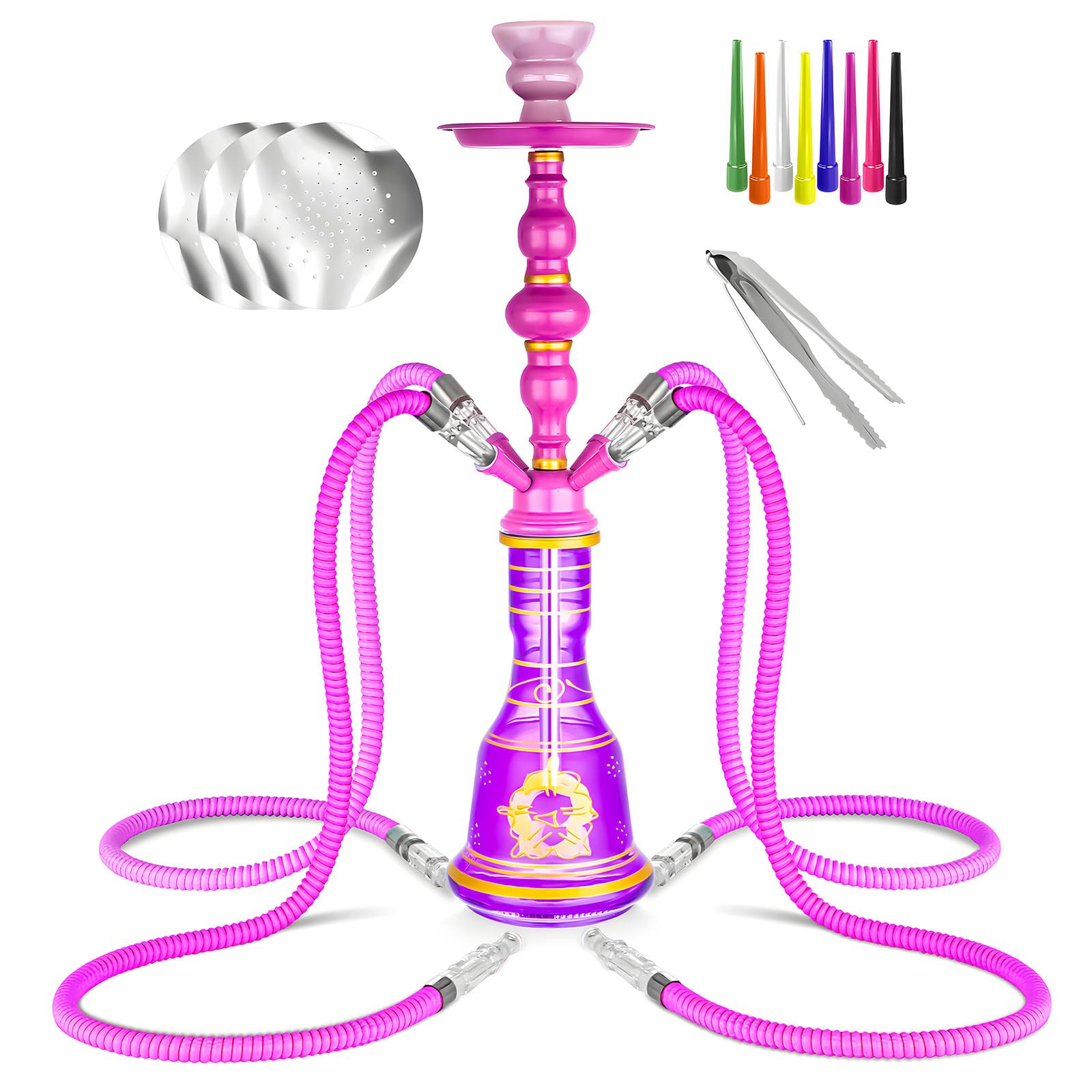 21 Hookah Set 4 Hose Hookah Set With Everything Glass Vase Ceramic Bowl Coal Tong Leather Hose Hookah
