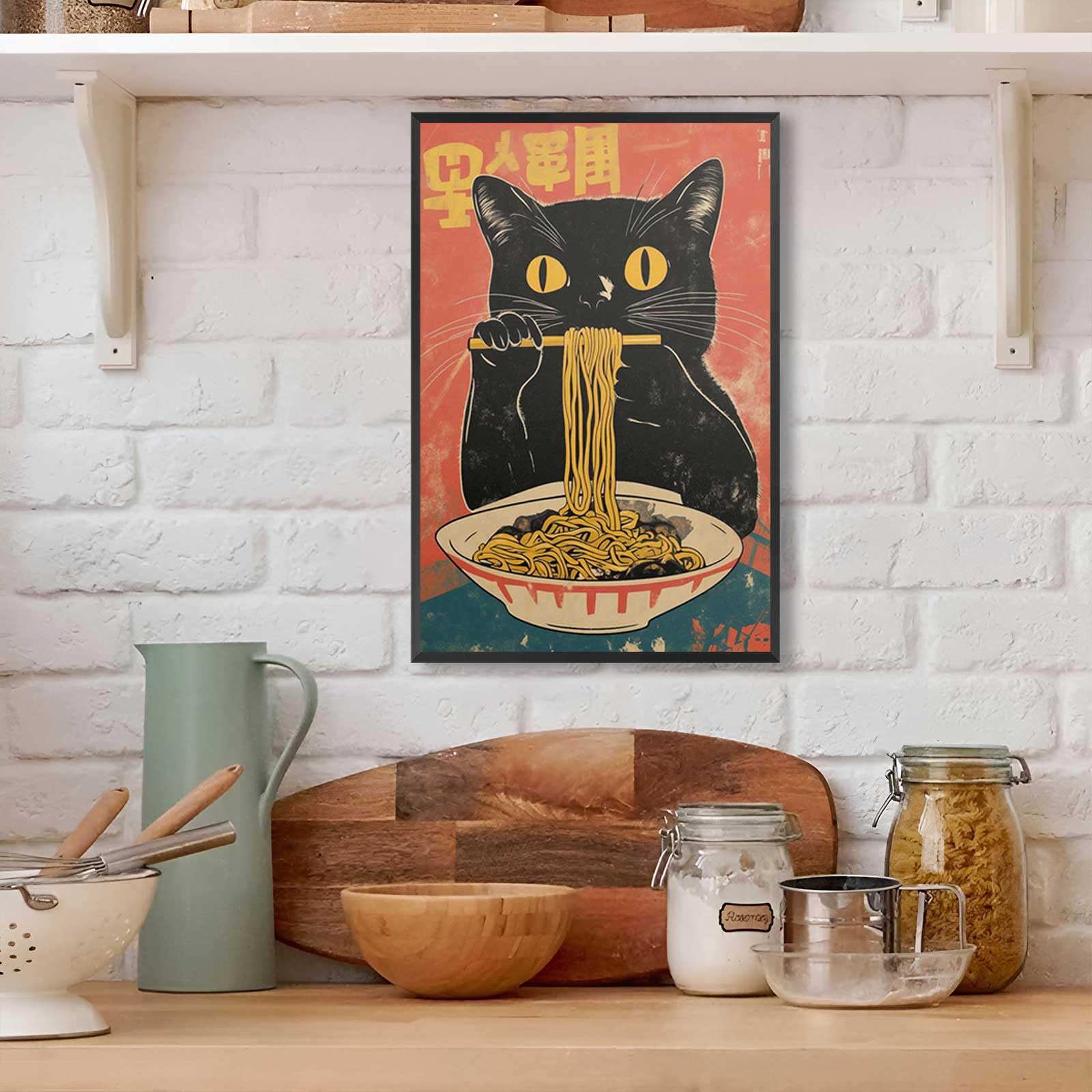 Amazon.co.jp: ビンテージ 黒猫 ラーメンを食べるポスター 東京浮世絵