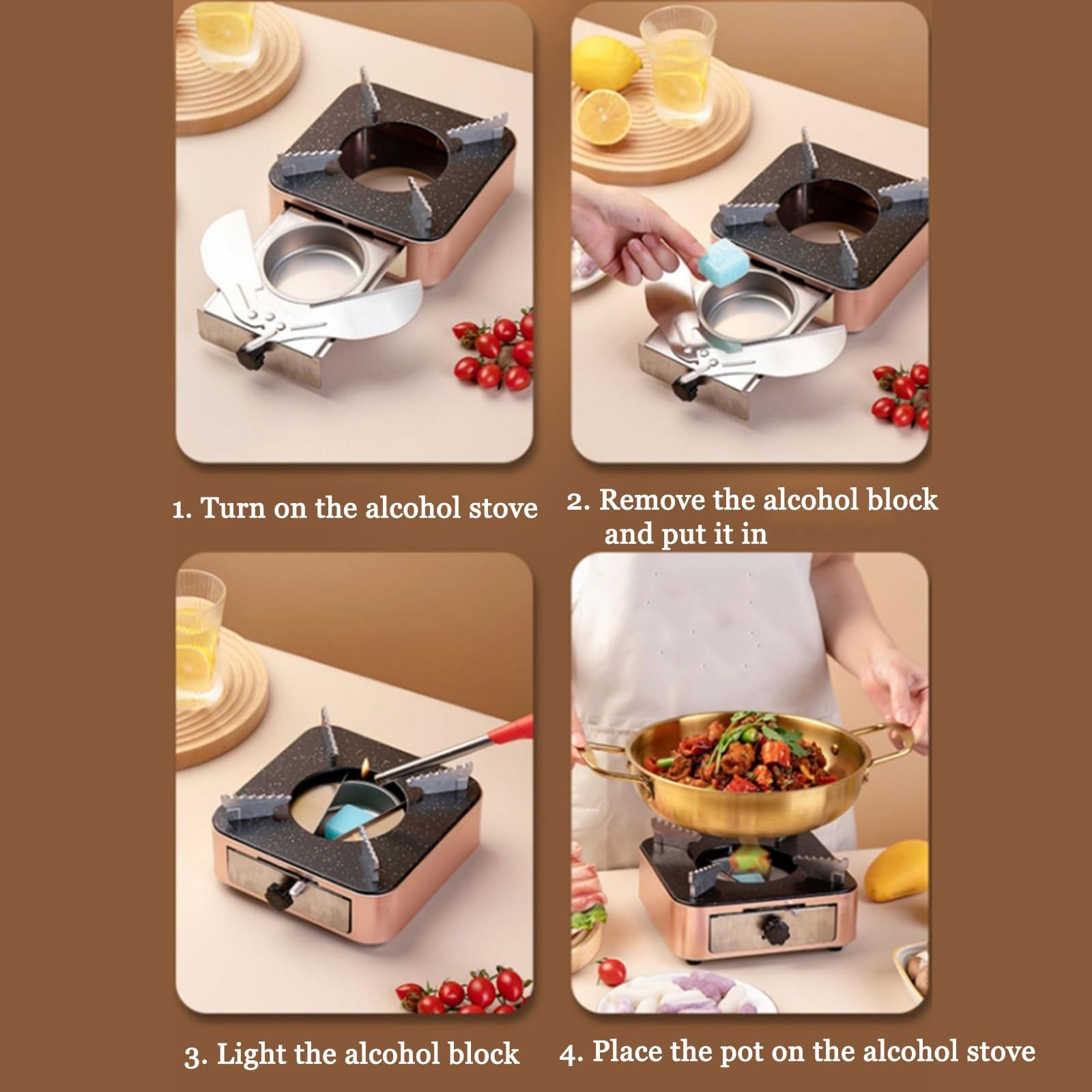 Vnook Edelstahl-Alkoholkocher, Kleiner Hot Pot Kochgeschirr, Spirituskocher Set, Spirituskocher mit Topf, Dry Pot Alkoholkocher, Restaurant Hitzeschutz Spezialtopf, für Haushalt Outdoor(Gold,20cm)