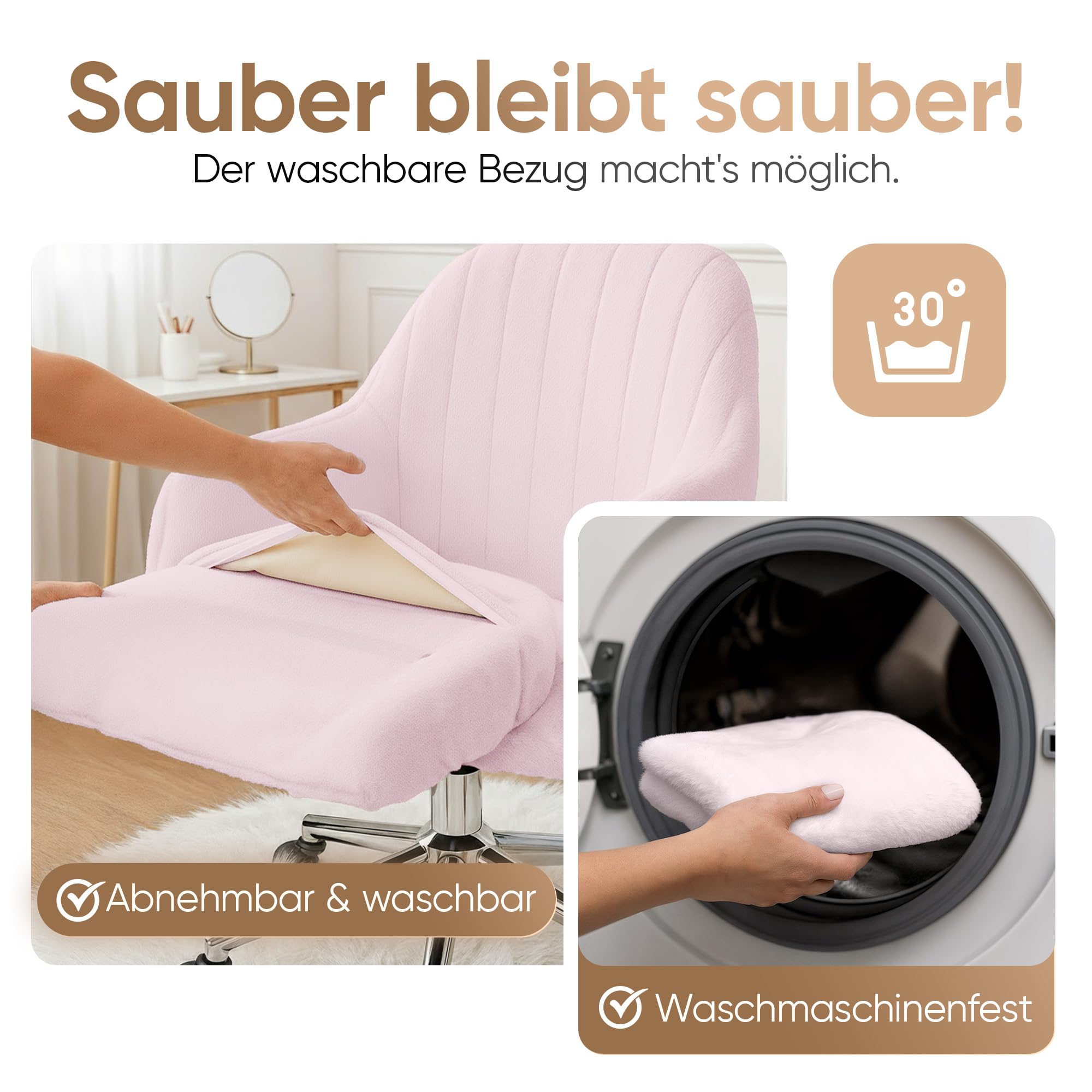 WohnJuwel Schminktisch Stuhl [höhenverstellbar] mit Gummirollen, Dickes Kissen [waschbares Kunstfell] - Drehstuhl Schminkstuhl Schminktischstuhl Schreibtischstuhl - Rosa